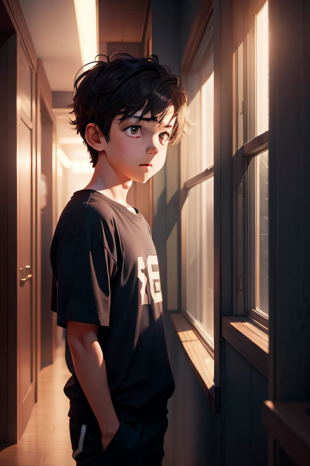 A boy secretly looks at a girl he likes in the corner,Third Person View, Anime style, Ghibli-like colors, Cinematic lighting, 4K, High quality, High details