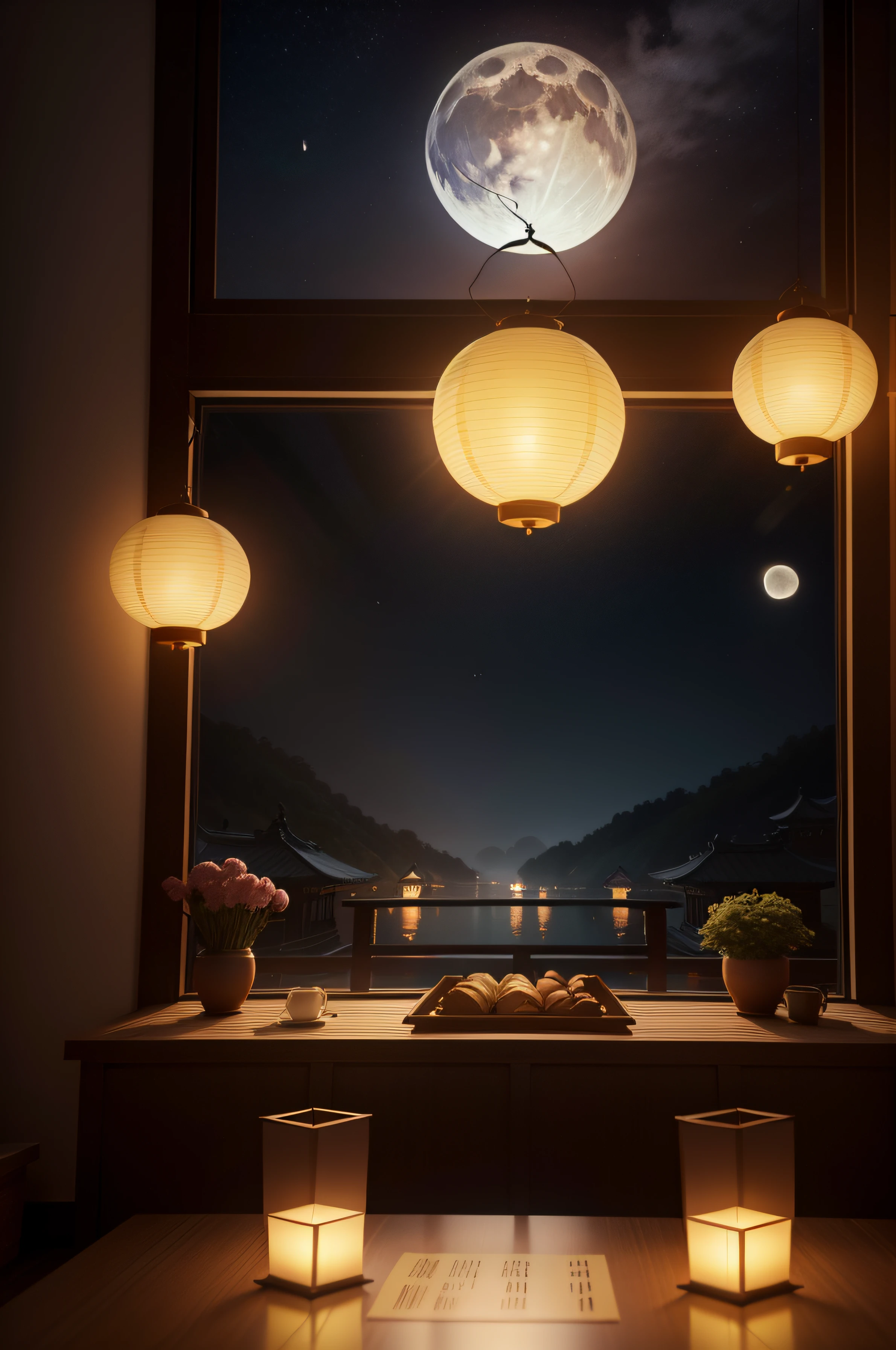 lanterns,themoon,Chinese Mid-Autumn Festival atmosphere,inside in room,realisticlying,Realiy,There was a moon outside the window,sobu,three dimensional,C4D