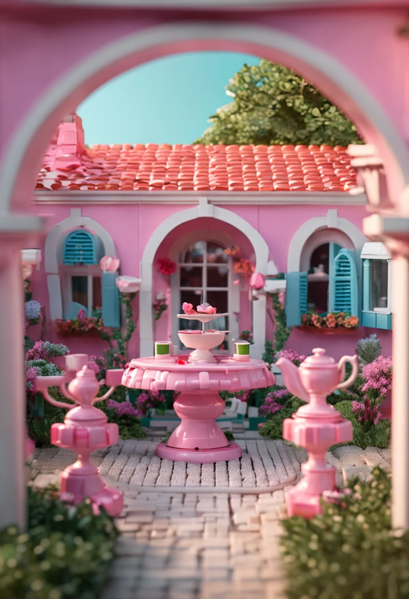 A Lego toy set of a charming courtyard with a giant teapot centerpiece, made of pastel colored bricks (giant round pink teapot with polka dot texture, spout as flowing fountain, flower beds and bushes surrounding, white picket fence, tables with tea party setup, flowering trellis arbor). Wide angle lens. Daylight outdoor setting. Playset advertisement style. Shot on 35mm film.