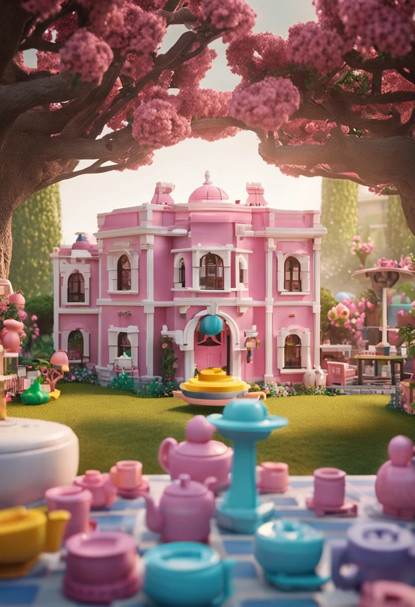 A Lego toy set of a charming courtyard with a giant teapot centerpiece, made of pastel colored bricks (giant round pink teapot with polka dot texture, spout as flowing fountain, flower beds and bushes surrounding, white picket fence, tables with tea party setup, flowering trellis arbor). Wide angle lens. Daylight outdoor setting. Playset advertisement style. Shot on 35mm film.