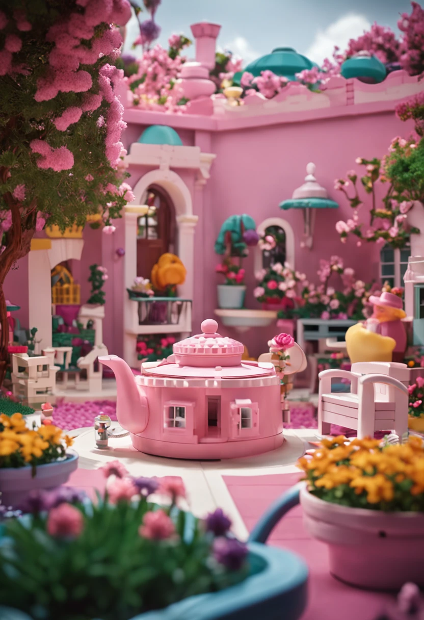 A Lego toy set of a charming courtyard with a giant teapot centerpiece, made of pastel colored bricks (giant round pink teapot with polka dot texture, spout as flowing fountain, flower beds and bushes surrounding, white picket fence, tables with tea party setup, flowering trellis arbor). Wide angle lens. Daylight outdoor setting. Playset advertisement style. Shot on 35mm film.