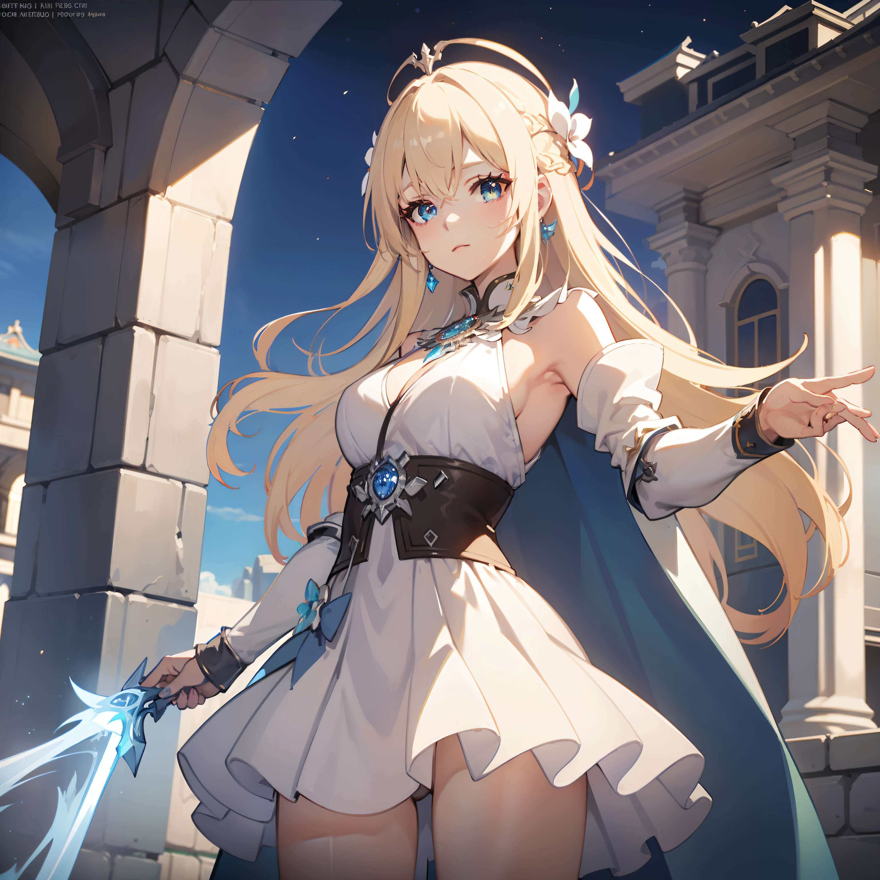 masterpiece, best quality, a woman in a white dress and a blue cape is standing, cushart krenz key art feminine, anime goddess, pixiv, pretty female cleric, digital art on pixiv, pixiv style, wlop rossdraws, alphonse mucha and rossdraws, guweiz, top rated on pixiv, rossdraws sakimimichan, crown, ((stripped by enemy))), halo, ((defeated)))