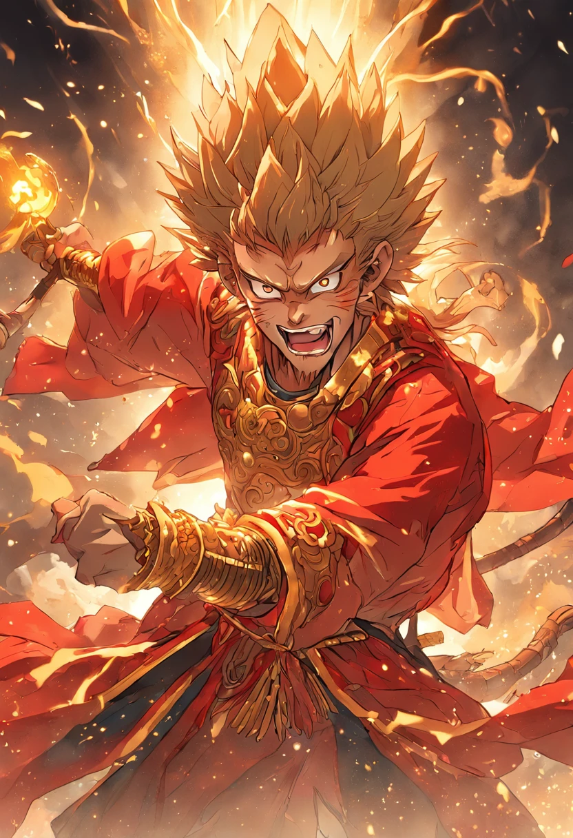 (Masterpiece, A sacred portrayal of the Monkey King:1.4), Wukong,(Charming illustration of monkey god in his iconic appearance:1.2), (Meticulous details capture his palatial presence:1.2), (Created to commemorate mythical figures in Chinese folklore:1.2), (Sun Wukong wears a golden crown, Symbolizes his pious status:1.3), (His hairy muscles exude strength and majesty:1.3), (Dressed in bright red and gold robes, Pay tribute to his legendary journey:1.1), (Holding a long golden stick, Firmly rooted in the ground, The embodiment of his power:1.3).CGI, vfx, SFX, insanely detailed and intricate, hyper-maximalist, Ultra photo realsisim, volumetr, Photorealistic, The ultra-realistice, Ultra-detailed, Intricate details, Super detailed, Full color, Volumetric lightning, hdr, Realistic, illusory engine, 16k, Sharp focus, rendering by octane