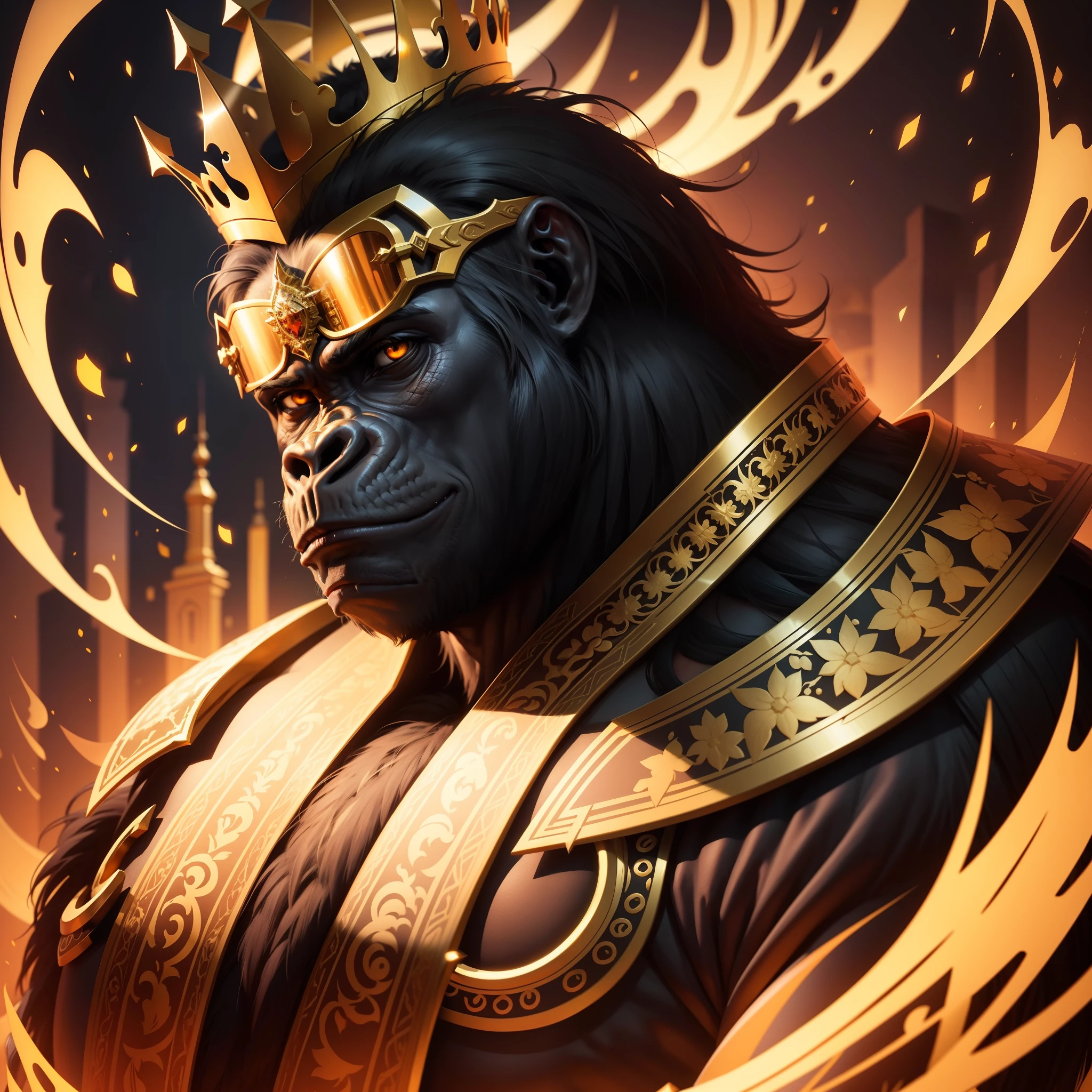 Gorilla with vector illustration of golden crown, e Oculos escuros Masterpiece, Top quality, Best quality, High quality, Ultra-detailed, fire in the background, Vibrant colors, Solo, Extremely detailedm[, Ultra photo realsisim，32K resolution，Excellent painting in extreme detail，best qualtiy