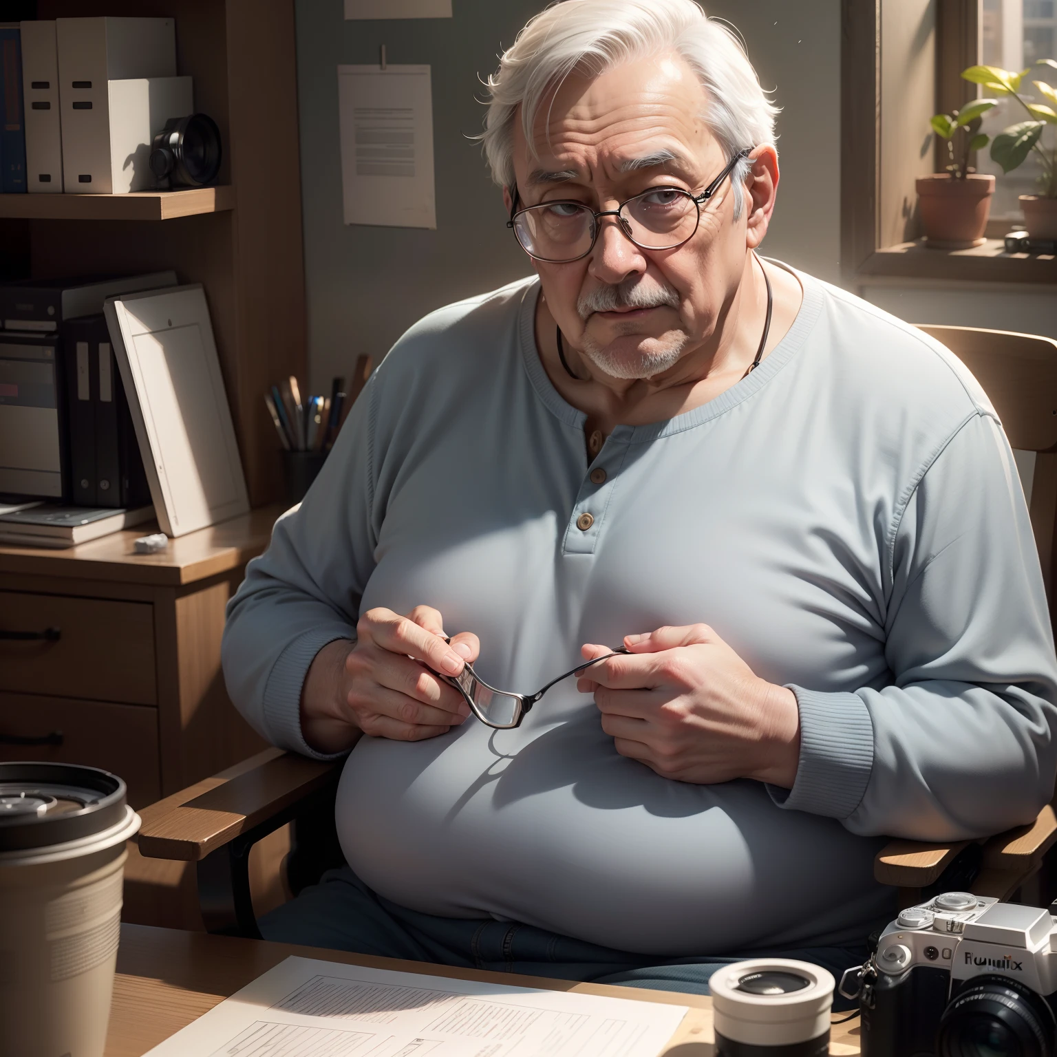 1人,Um homem de 60 anos,Dressed in casual attire,wears glasses,slightly fat big breasts,The upper part of the body,Sit at your desk,gentlesoftlighting,tmasterpiece,best qualtiy,8K UHD,digital SLR camera,filmgrain,Midjourney and greg rutkowski's Fujifilm XT3 realistic painting art