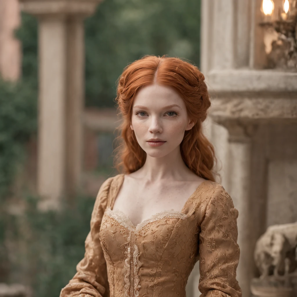 beautiful ginger women in detailed dress at cozy detailed potions shop, air above hair, IPA award wining, masterpiece, made with professional high quality camera, intense contrast, (detailed painting matrix:1.5), perfect colors, perfect setup,