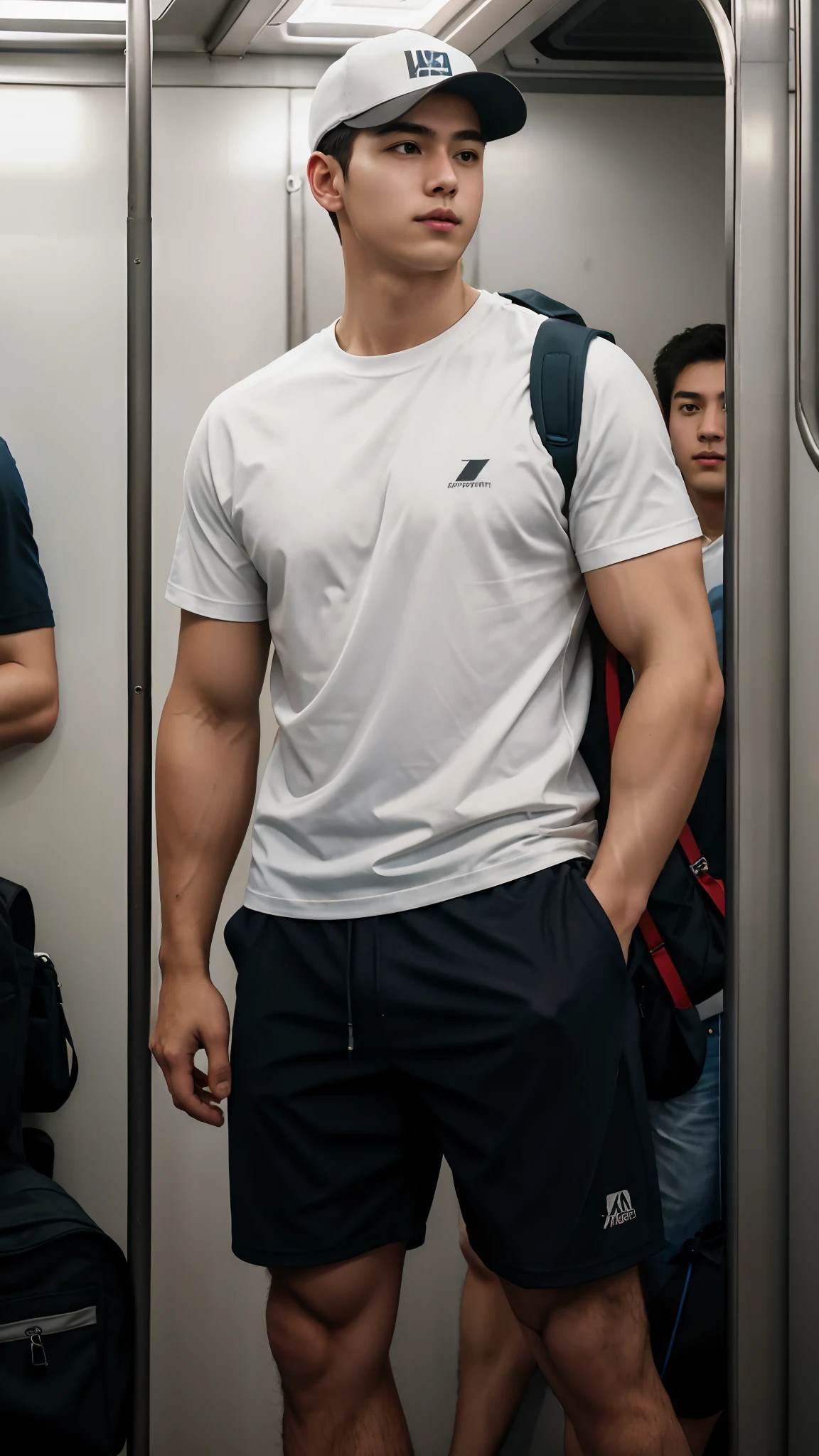 1人,A 20-year-old man in the subway,Standing in a subway car,Ultra-flat head,White skinny sleeveless T-shirt,Wear yours with grey micro shorts,huge bulge, leg apart,musculous,Handsome,Look at your phone,Wear AirPods,Wear an Apple Watch,Sport backpack,white short socks,White sneakers,pervert smirk,exhilarated,full bodyesbian,Exposing thighs,Expose calves,Thick leg hair,In crowded subway cars,gentlesoftlighting,tmasterpiece,best qualtiy,8K UHD,digital SLR camera,filmgrain,Fujifilm XT3 Realistic painting art,Written by Midjourney and Greg Rutkowski