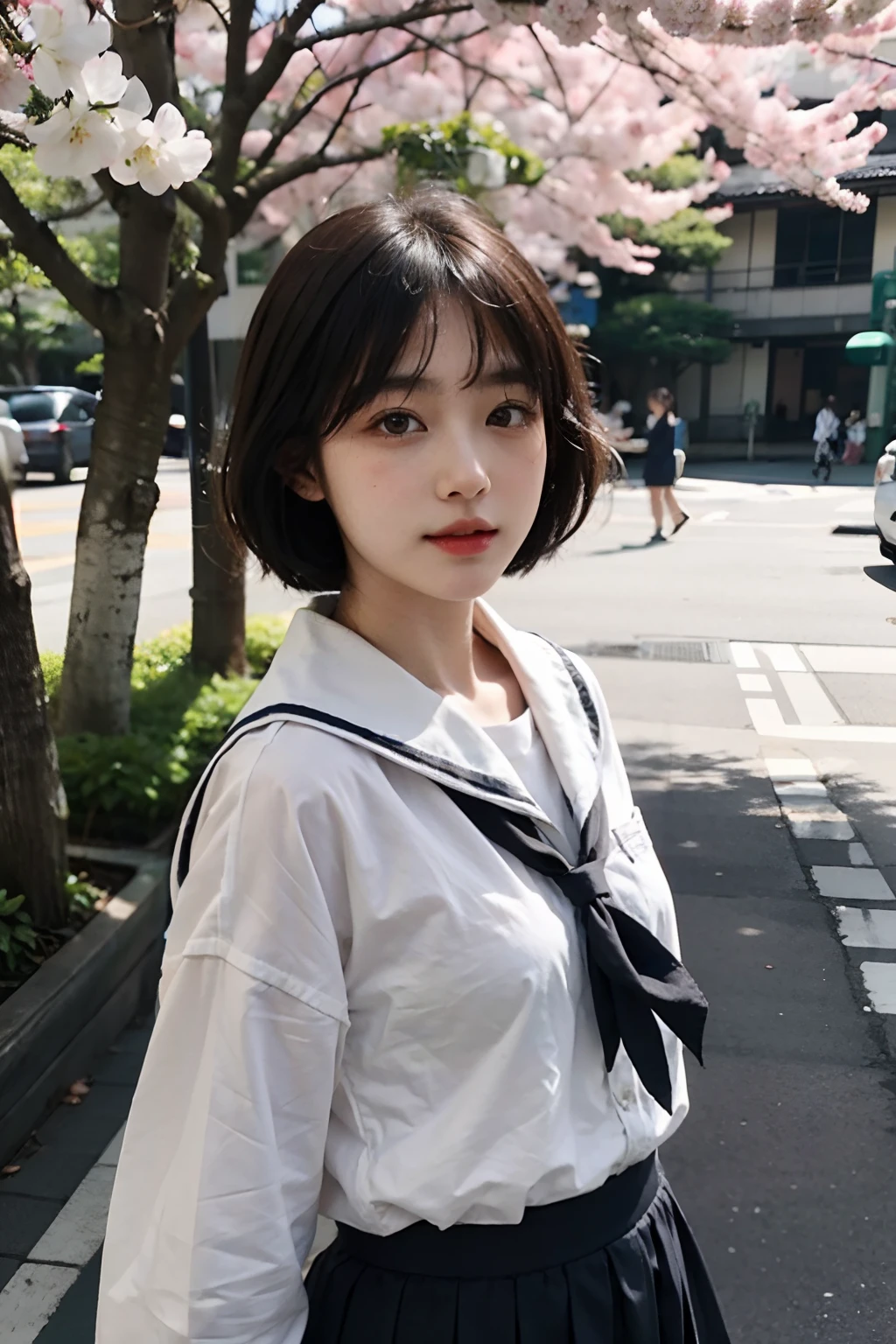 Sakura Tanaka 、age19、Japan High School Girl。short-hair、Pattsun bangs、Brown hair、Lightly pigmented face。Wearing a Japan uniform、skirt by the（a sailor suit）。pure、Cute neat and clean。Wagas、cherry blossom in full bloom。