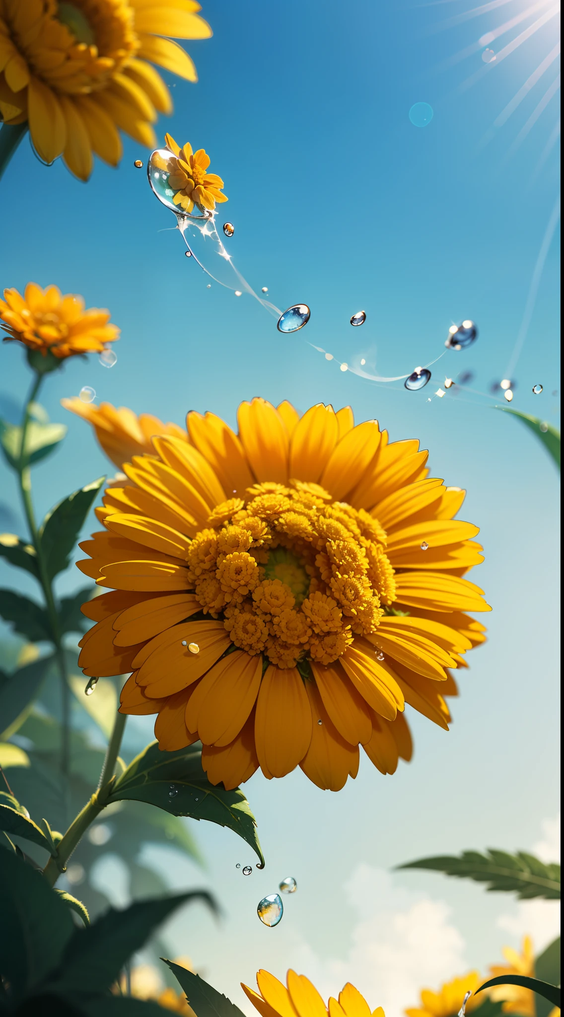 microscopic world , Masterpiece , Macro photography , cobweb, film grain, bokeh , smoke , highly detailed, Bright sunny weather, microflowers, drops, blur, realistic marigold close-up, azure background, soft contrast, octane render , unreal engine