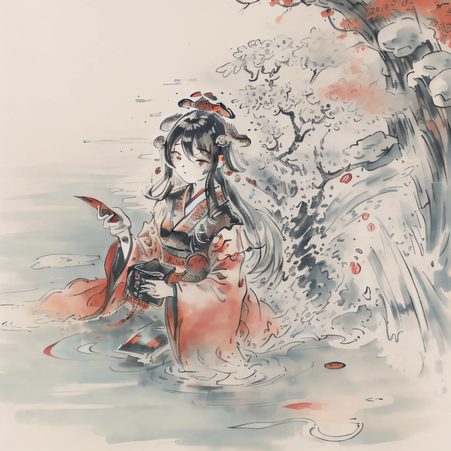 dramatic angle,(fluttered detailed ink splashs), (illustration),(((1 girl))),(long hair),(rain:0.6),(expressionless ,hair ornament:1.4),there is an ancient palace beside the girl,chinese clothes,(focus on), color Ink wash painting,(ink splashing),color splashing,((colorful)),[sketch], Masterpiece,best quality, beautifully painted,highly detailed,(denoising:0.7),[splash ink],yin yang

Cyan water：
dramatic angle,(fluttered detailed ink splashs), (illustration),(((1 girl))),(long hair),(expressionless ,hair ornament:1.4),chinese clothes,night sky,(the girl is by the waterfall),color Ink wash painting,(ink splashing),(Huaqing splashing),(colorful),[sketch], Masterpiece,best quality, beautifully painted,highly detailed,(denoising:0.7),[splash ink],yin yang,((focus on the girl)),middle finger

Carmine：
dramatic angle,(fluttered detailed ink splashs), (illustration),(((1 girl))),(long hair),(rain:0.6),((expressionless ,Carmine hair ornament:1.4)),(There is a palace far away from the girl),chinese clothes,((focus on the girl)), color Ink wash painting,(ink splashing),(Huaqing splashing),((colorful)),[sketch], Masterpiece,best quality, beautifully painted,highly detailed,(denoising:0.7),[splash ink],Yin Yang

彩：
dramatic angle,(fluttered detailed color splashs), (illustration),(((1 girl))),(long hair),(rain:0.9),(hair ornament:1.4),there is an ancient palace beside the girl,chinese clothes,(focus on), color Ink wash painting,(color splashing),colorful splashing,(((colorful))),(sketch:0.8), Masterpiece,best quality, beautifully painted,highly detailed,(denoising:0.6),[splash ink],((ink refraction)), (beautiful detailed sky),moon,highly,detaild,(masterpiece, best quality, extremely detailed CG unity 8k wallpaper,masterpiece, best quality, ultra-detailed),(Lycoris radiata)

Can join(female focus on,lens 135mm f1.8)（It is said that there is a principle of a video camera）
Middle Finger is said to reduce the state of hand breakdown，After all, it was a bit strange to have gloves in ancient China
If you are really tired of watching，You can also remove yin yang（Directly change the style（It is not recommended to remove））
generally，
Huaqing
Garcinia gamboge
Ochre ochre
Carmine
and other Chinese style elements can be recognized。
ink splashing(ink
