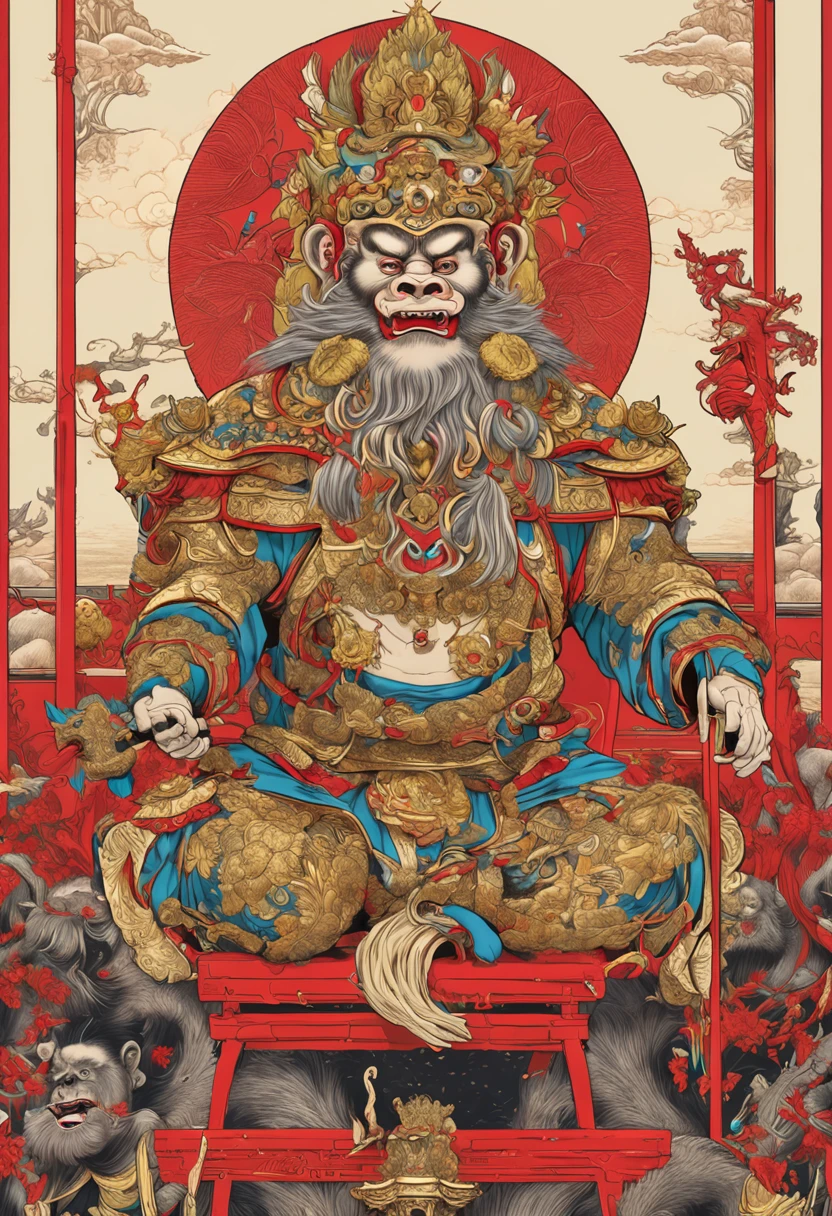 (Masterpiece, A sacred portrayal of the Monkey King:1.4), Wukong,(Charming illustration of monkey god in his iconic appearance:1.2), (Meticulous details capture his palatial presence:1.2), (Created to commemorate mythical figures in Chinese folklore:1.2), (Sun Wukong wears a golden crown, Symbolizes his pious status:1.3), (His hairy muscles exude strength and majesty:1.3), (Dressed in bright red and gold robes, Pay tribute to his legendary journey:1.1), (Holding a long golden stick, Firmly rooted in the ground, The embodiment of his power:1.3).CGI, vfx, SFX, insanely detailed and intricate, hyper-maximalist, Ultra photo realsisim, volumetr, Photorealistic, The ultra-realistice, Ultra-detailed, Intricate details, Super detailed, Full color, Volumetric lightning, hdr, Realistic, illusory engine, 16k, Sharp focus, rendering by octane