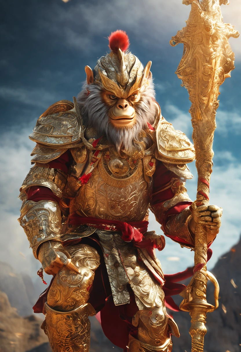 (Masterpiece, A sacred portrayal of the Monkey King:1.4), Wukong，solo, Holding a long golden stick，Wearing chain mail，Combat posture，tmasterpiece，ultraclear，UHD,extreme hight detail，The background is sky and clouds，suns，shine