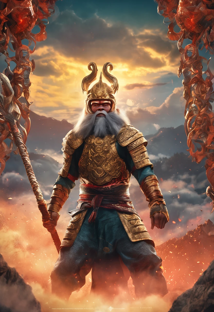 (Masterpiece, A sacred portrayal of the Monkey King:1.4), Wukong，solo, Holding a long golden stick，Wearing chain mail，Combat posture，tmasterpiece，ultraclear，UHD,extreme hight detail，The background is sky and clouds，suns，shine