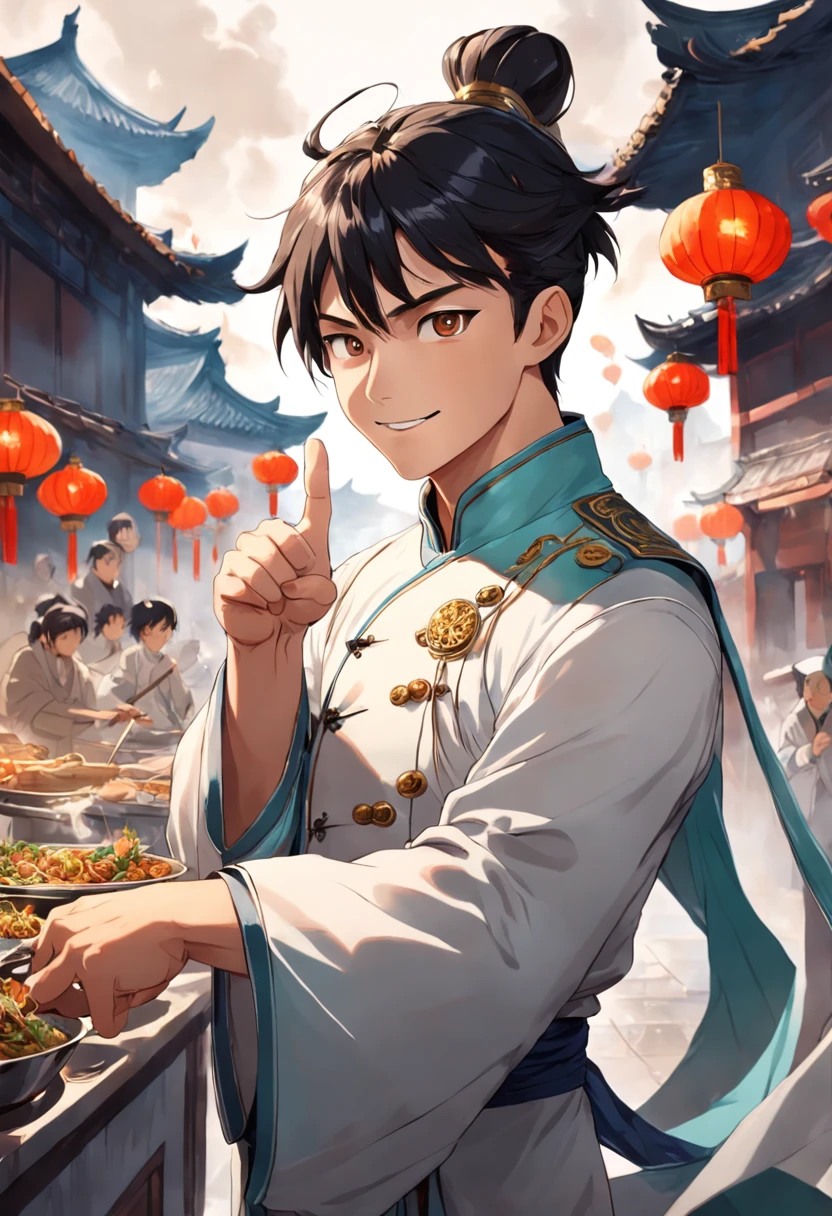 Catering IP image,chumbo masculino,Chinese style,Surreal detailed depiction,City steamer man,Ancient Style,Smiling male protagonist,Thumbs up,Displayed against a plain white background。