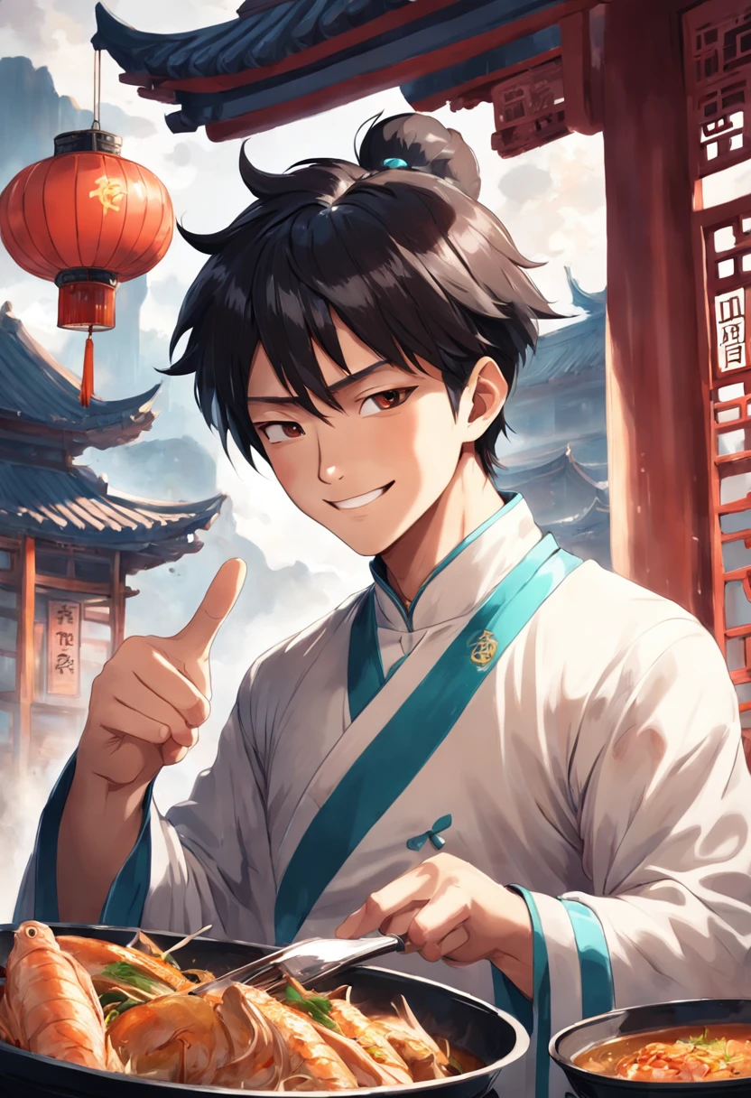 Catering IP image,chumbo masculino,Chinese style,Surreal detailed depiction,City steamer man,Ancient Style,Smiling male protagonist,Thumbs up,Displayed against a plain white background。