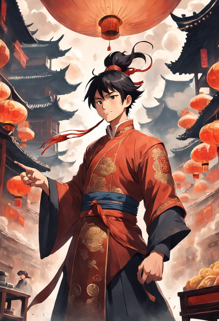 Catering IP image,chumbo masculino,Chinese style,Surreal detailed depiction,City steamer man,Ancient Style,Smiling male protagonist,Thumbs up,Displayed against a plain white background。