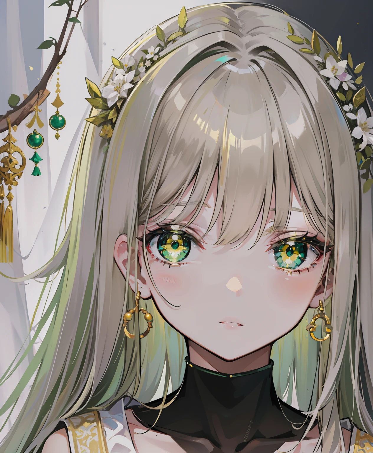 Greenish-yellow hair,Yellow-green pupils,White clothes with green and yellow are embellished with gold and silver ornaments,It's a cute sweet girl