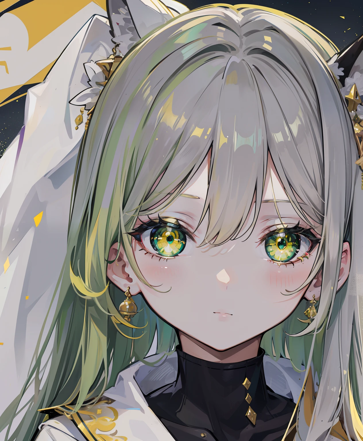 Greenish-yellow hair,Yellow-green pupils,White clothes with green and yellow are embellished with gold and silver ornaments,It's a cute sweet girl