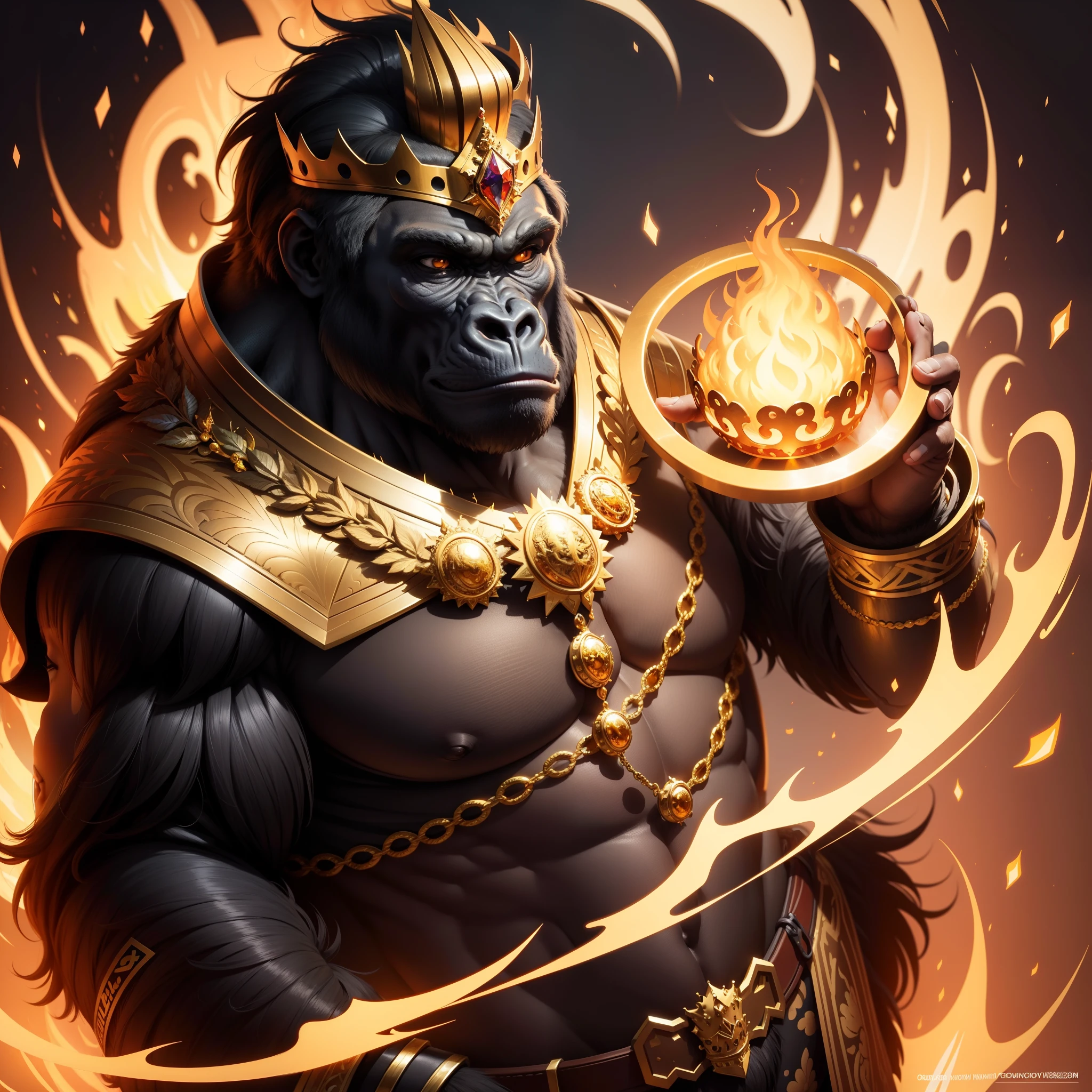 Gorilla with vector illustration of golden crown, e Oculos escuros Masterpiece, Top quality, Best quality, High quality, Ultra-detailed, fire in the background, Vibrant colors, Solo, Extremely detailedm[, Ultra photo realsisim,32K resolution,Excellent painting in extreme detail,best qualtiy