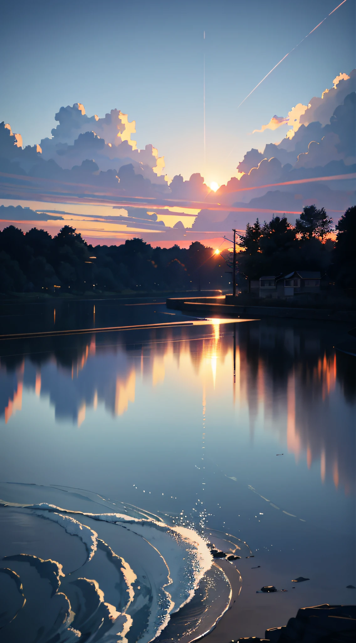 High quality masterpiece ，scenecy，Anime train passing through bodies of water on tracks， starrysky。Romantic train，pixiv，concept-art，Lofi art style，Reflectors。 by makoto shinkai, lofi art, beautiful anime scenes, Anime landscapes, Detailed scenery —width 672, in style of makoto shinkai, style of makoto shinkai，Detail enhancement。