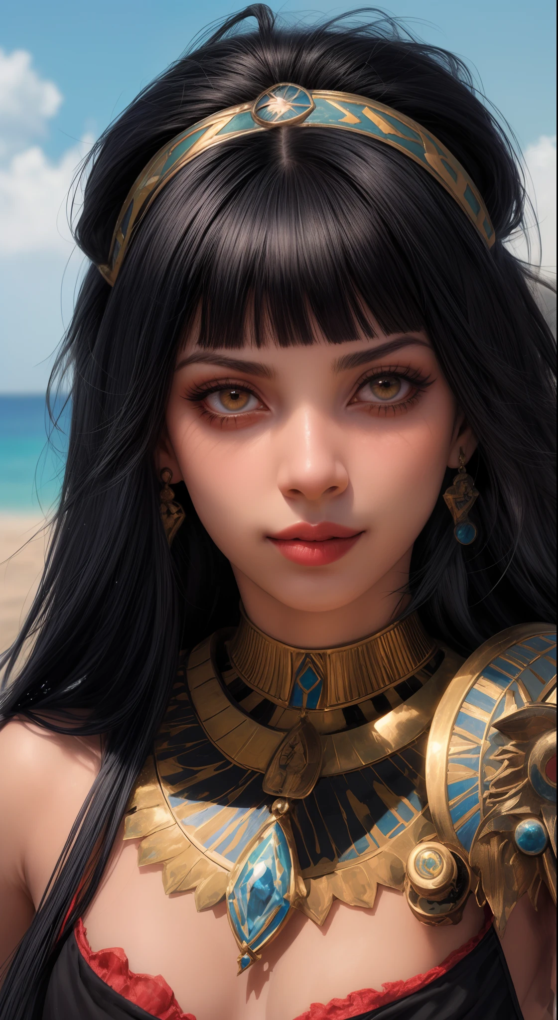 1closeup of an egyptian girl, ((cabelo curto e liso com franja)), sorrindo,com tatuagens no rosto, fleshy lips,olhos grandes,sardas no rosto ,batom vermelho, Pirataria,colar, brinco, sunglasses and makeup, Angle of the face up close, Looking at camera
