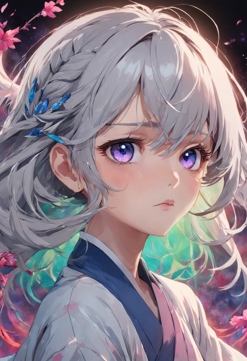((masterpiece,highest quality)),(Negative Space:1.4),(One girl, alone:1.4),Beautiful fine details,Pastel pink and lavender hair floating, Lavender eyes, At night, Starry Sky, Shining Star