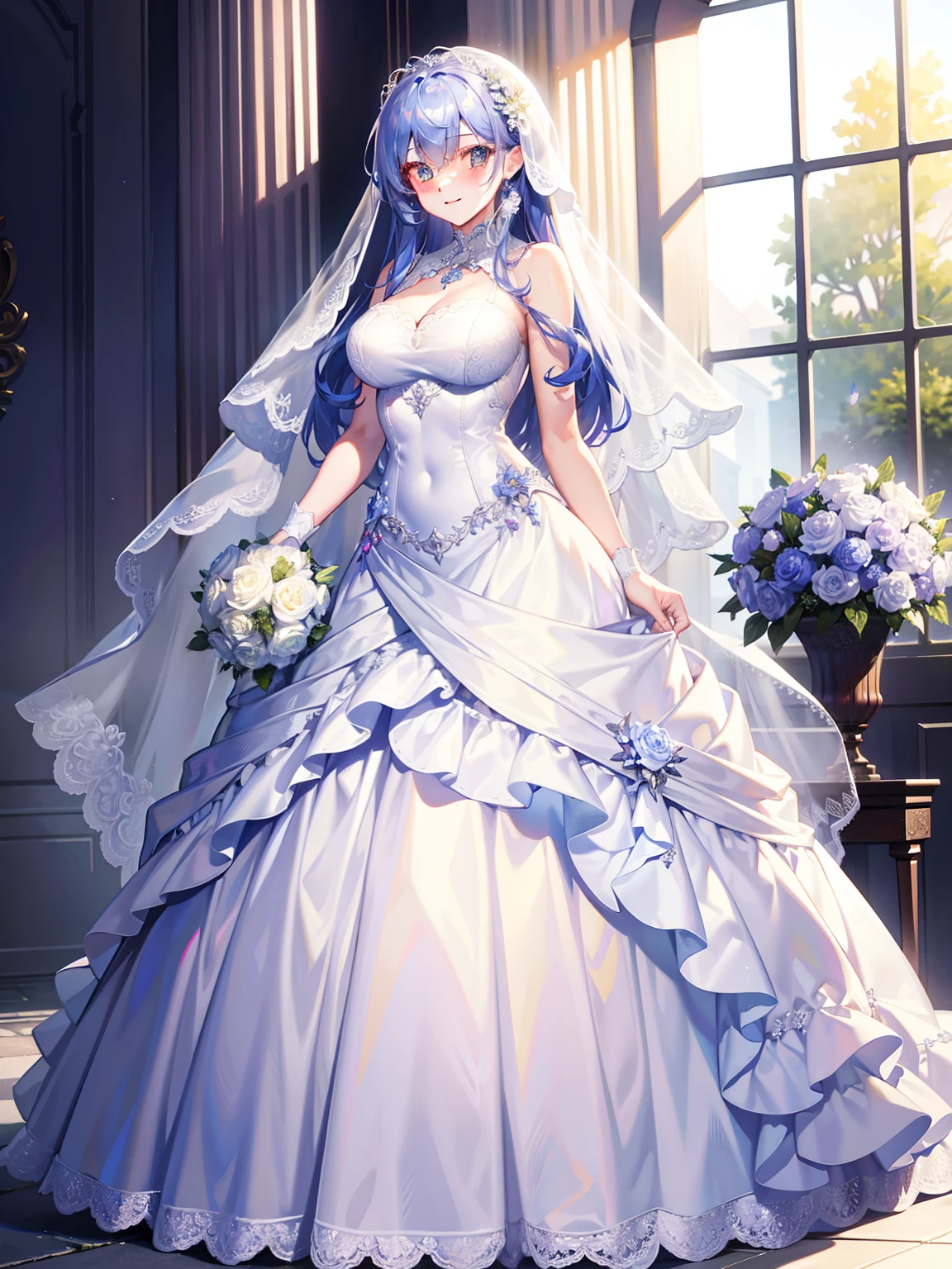 ,wedding gown,Bride,marriage,Beautifully dressed,Shiny clothes,Lace on clothes,Clothes lace,Large skirt,Lace trim,stand posture,facing the front there,Flowers in hand,ssmile,light yarn,full bodyesbian,shawl,Color chrome,