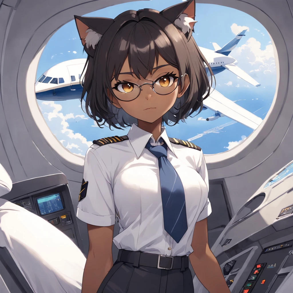 1girl, short black bob hair, yellow eyes, Round glasses, tan skin,dark skin ,BROWN SKIN, SHE HAS LIGHT BROWN SKIN, ite body, wearing plain white formal work shirt, wearing long black pants, business tie, absurdres, high res, ultrasharp, 8k, masterpiece, looking at viewer, cat ears, airline pilot uniform, airline pilot hat, white background, short sleeve, bangs, flat chest, whiskers, androgynous, she has cat ears on her head, she has cat teeth, cloudy background, holding pet black cat, smiling, large round glasses, no airplanes, airplane cabin background