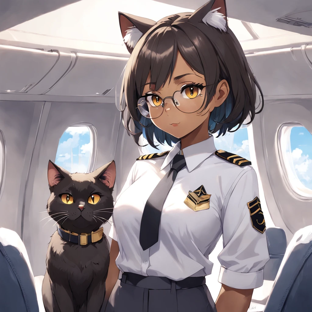 1girl, short black bob hair, yellow eyes, Round glasses, tan skin,dark skin ,BROWN SKIN, SHE HAS LIGHT BROWN SKIN, ite body, wearing plain white formal work shirt, wearing long black pants, business tie, absurdres, high res, ultrasharp, 8k, masterpiece, looking at viewer, cat ears, airline pilot uniform, airline pilot hat, white background, short sleeve, bangs, flat chest, whiskers, androgynous, she has cat ears on her head, she has cat teeth, cloudy background, holding pet black cat, smiling, large round glasses, no airplanes, airplane cabin background
