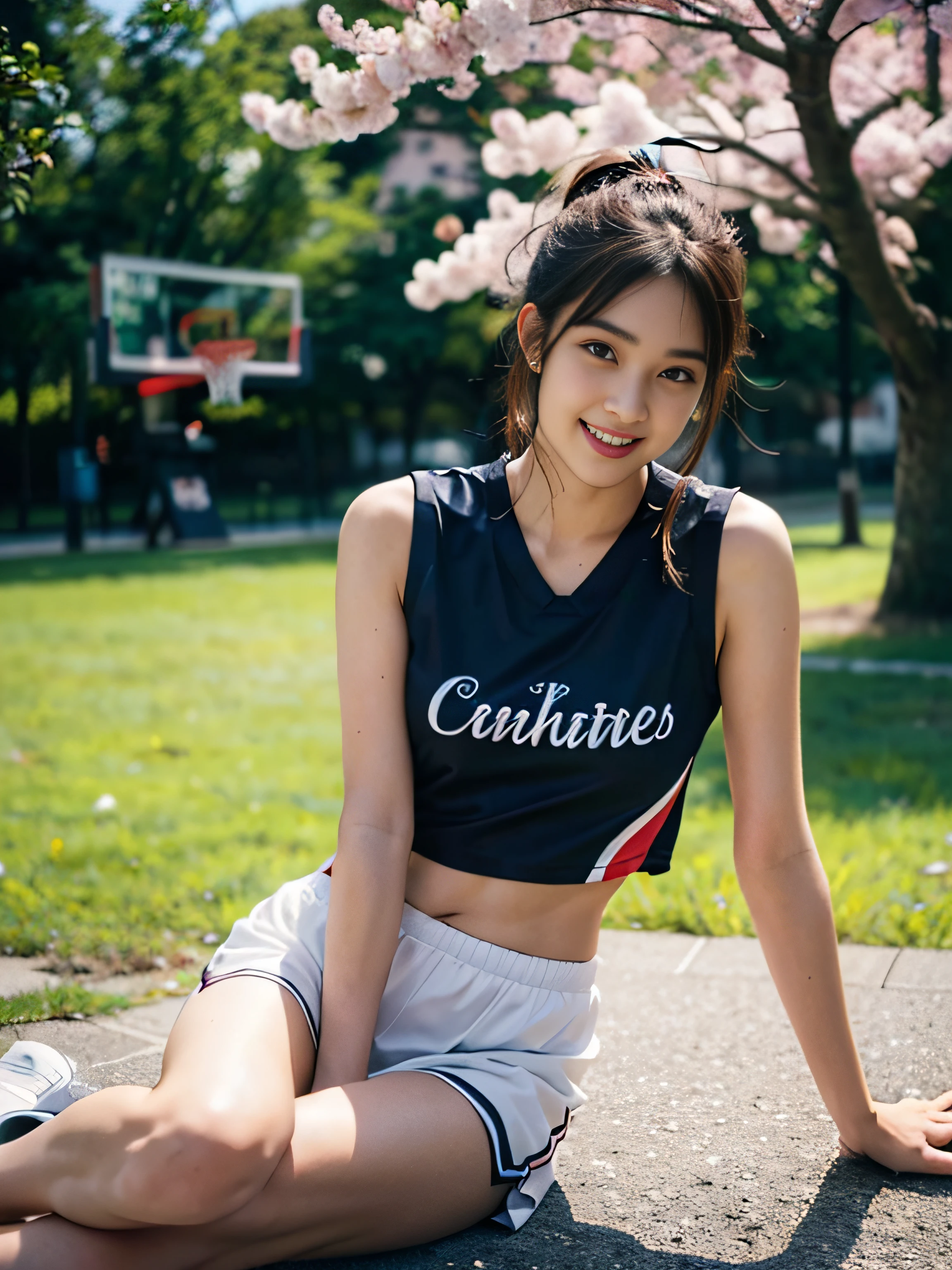 (8K、top-quality、tmasterpiece:1.2)、(hentail realism、Photorealsitic:1.37)、ultra - detailed、top-quality、超A high resolution、From head to thighs、profesional lighting、Cinematic lighting,A park、A path lined with flourishing cherry blossom trees、depth of fields,on focus,rays of sunshine,well-composed,(Bokeh:1.2),1 rapariga,(full body Esbian),(A smile),Beautiful eyes,lewd poses,Triangular sitting、shrinks,Basketball Uniforms,cropped tank top,poneyTail,(Ulzzang-6500:1.2) mix4, hiqcgbody
