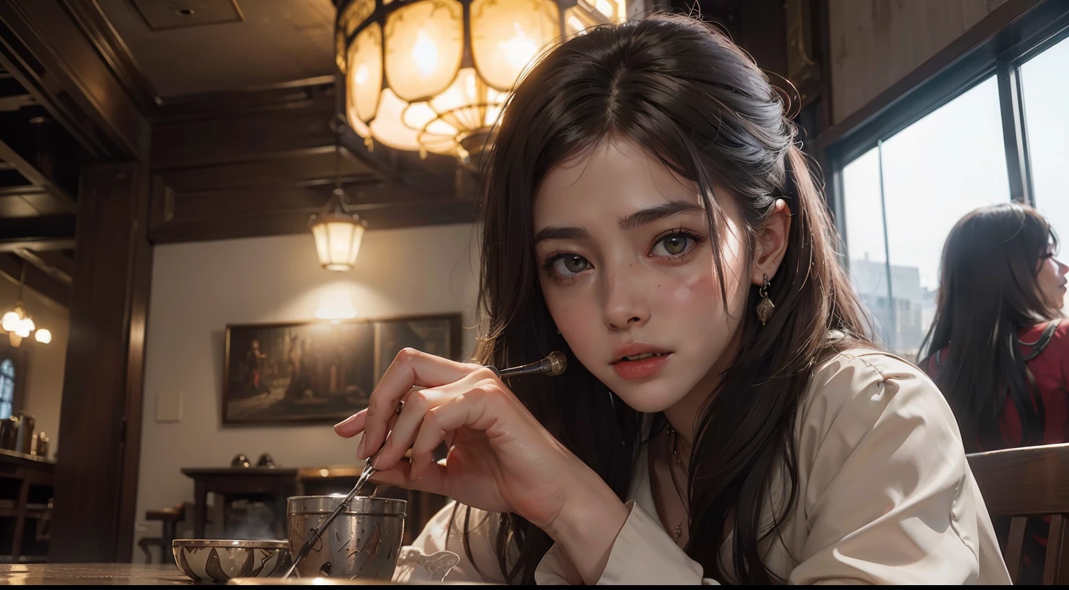(realisitic,Photorealsitic:1.4),(1 Beauty:1.3),(beautiful countenance:1.5),Detailed shiny skin,A detailed eye,Precise hands and fingers,8K HDR, , masterpiece, (Dynamic angle footage),电影灯光, Finely drawn backgrounds,(steampunc,Decadent,Sci-fi,Mud, dust and dirt,Traces of war:1.2)Beautiful Egyptians,waitresses,brown haired,choker necklace,Venetian,highrise buildings,Screaming,Attractive strain,