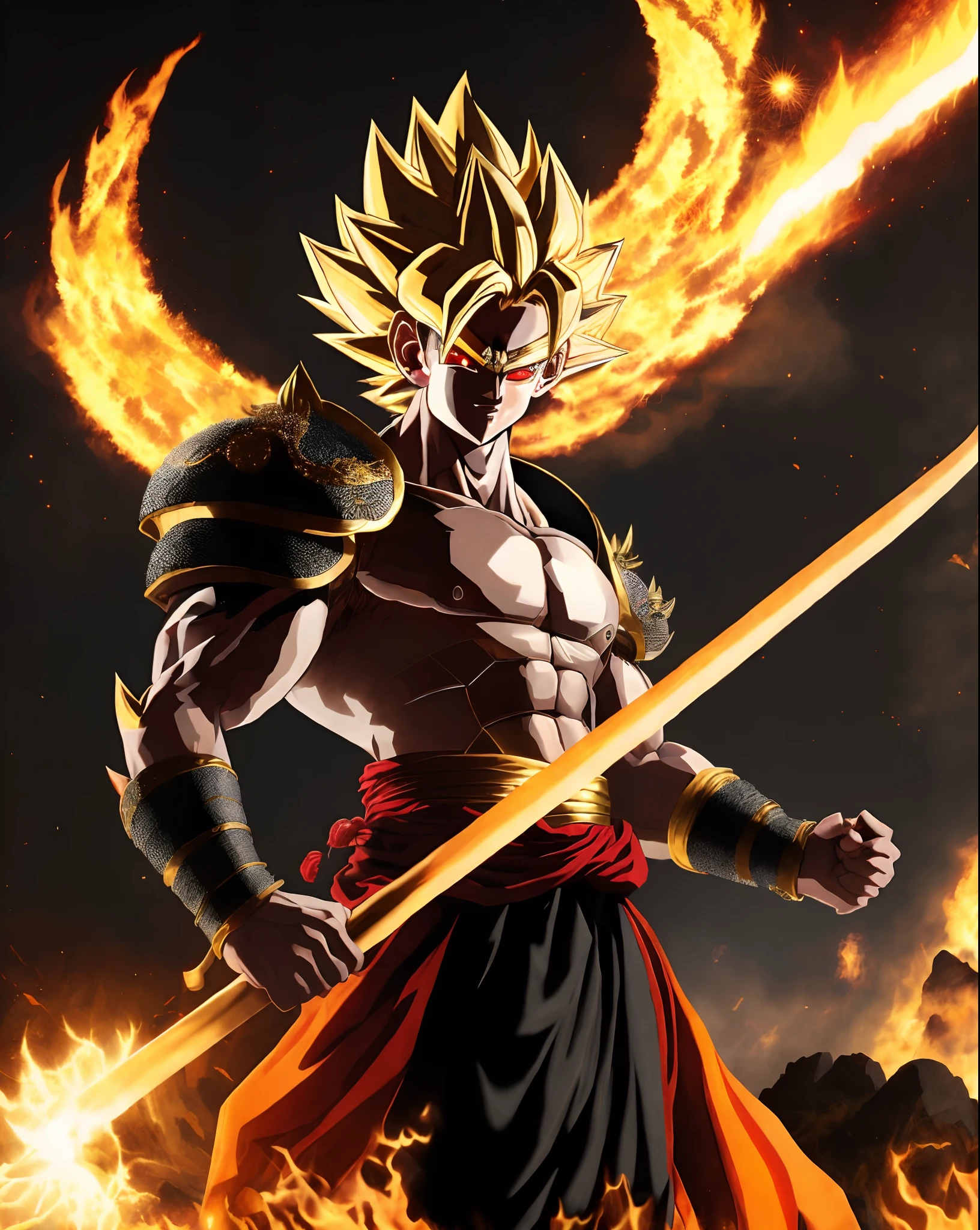 Masterpiece，Just like Lang Shining's painting style，Black Myth Goku CG animation-like resolution，8K quality，Qi Tian Great Saint Sun Wukong wearing black tight armor，Monkey King stood in the air and looked at the audience，Sun Wukong's whole body burned with Samadhi True Fire，Sun Wukong's golden eyes burned with flames，There was a fire burning in the eyes，Goku opened his mouth，Huge fangs can be seen in the mouth，Sun Wukong held his hands and shoulders against the Ruyi Golden Hoop Stick，Fight to defeat Buddha Sun Wukong，The Monkey King in Journey to the West