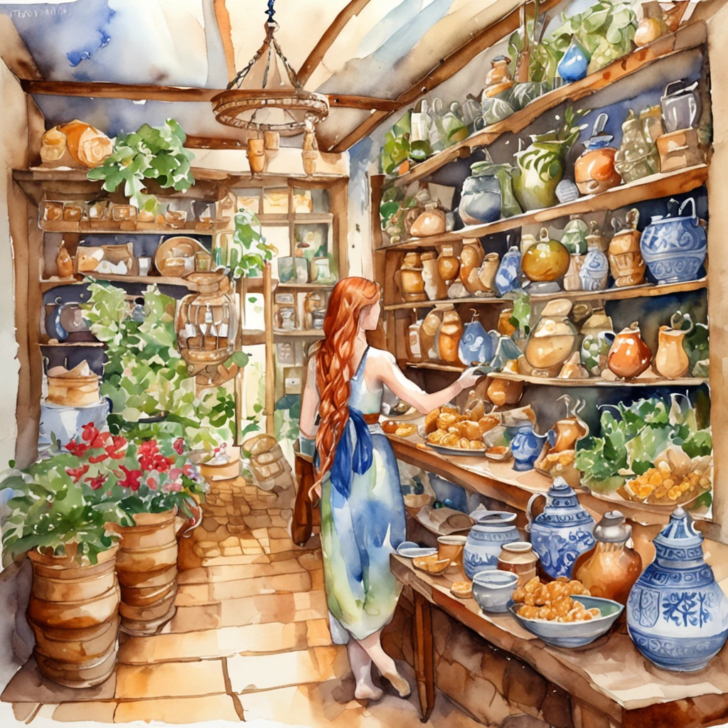 beautiful ginger women in detailed dress at cozy detailed potions shop, air above hair, IPA award wining, masterpiece, made with professional high quality camera, intense contrast, (detailed painting matrix:1.5), perfect colors, perfect setup,