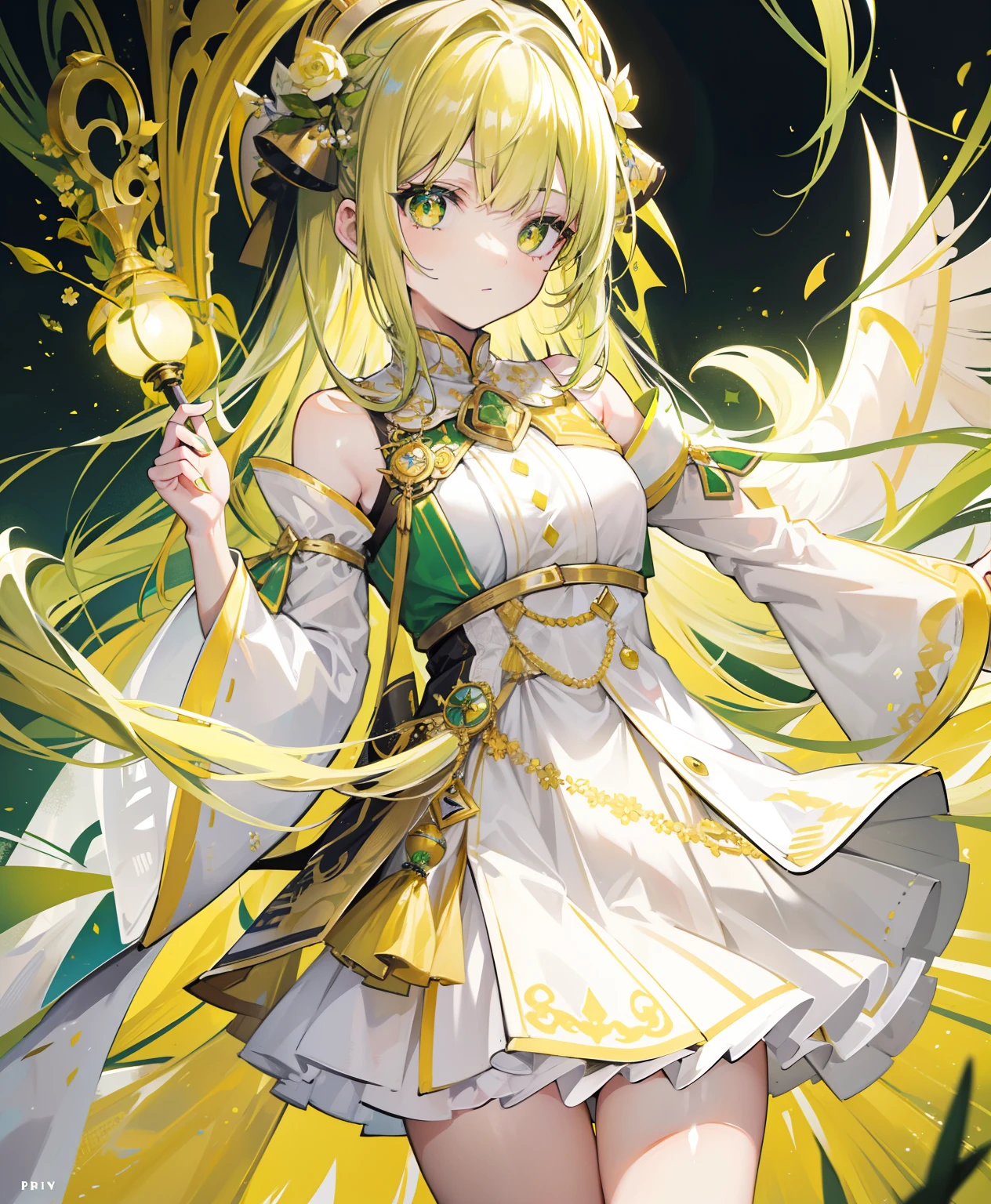 Greenish-yellow hair,Yellow-green pupils,White clothes with green and yellow are embellished with gold and silver ornaments,She is a natural cute girl