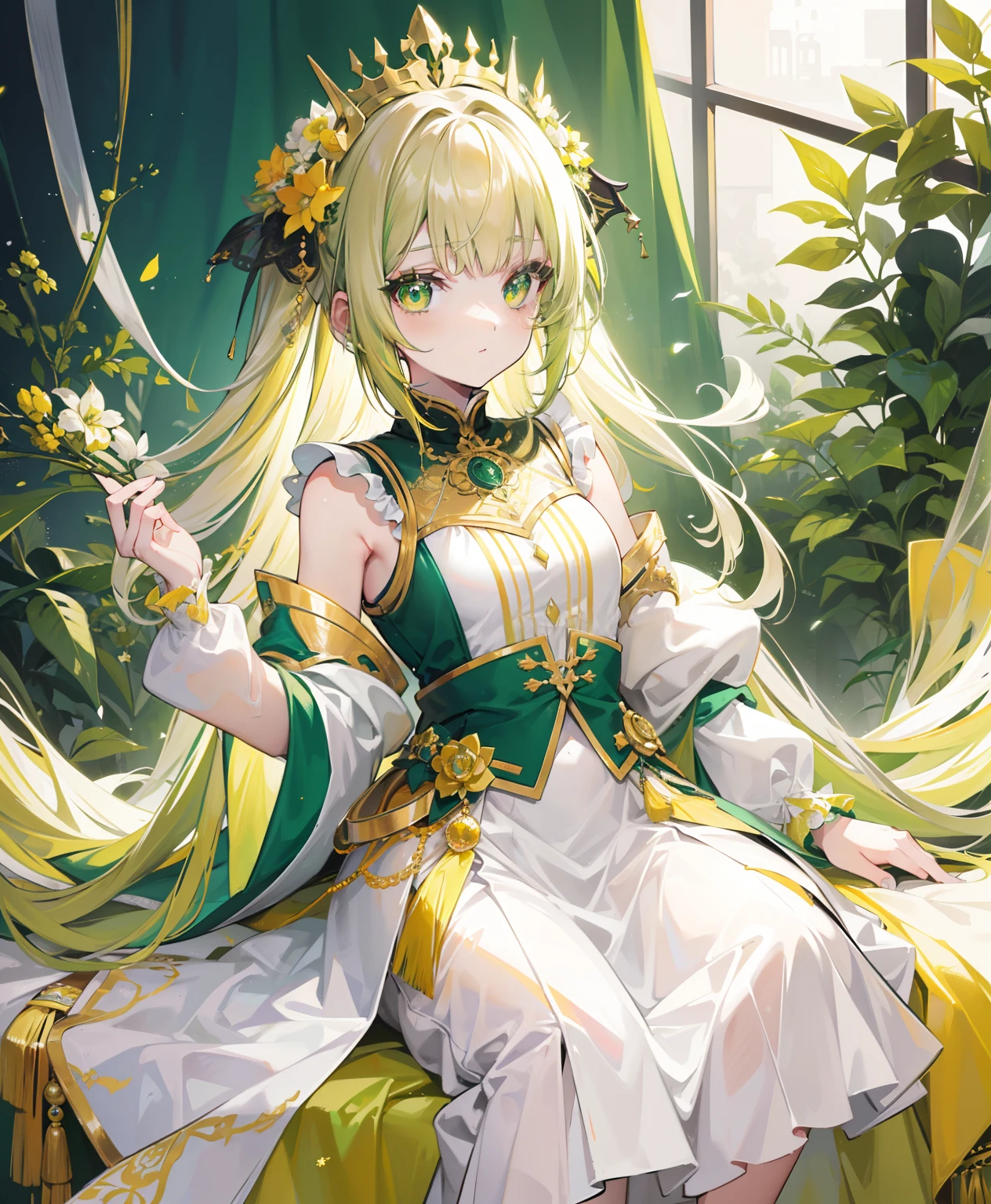 Greenish-yellow hair,Yellow-green pupils,White clothes with green and yellow are embellished with gold and silver ornaments,She is a natural cute girl