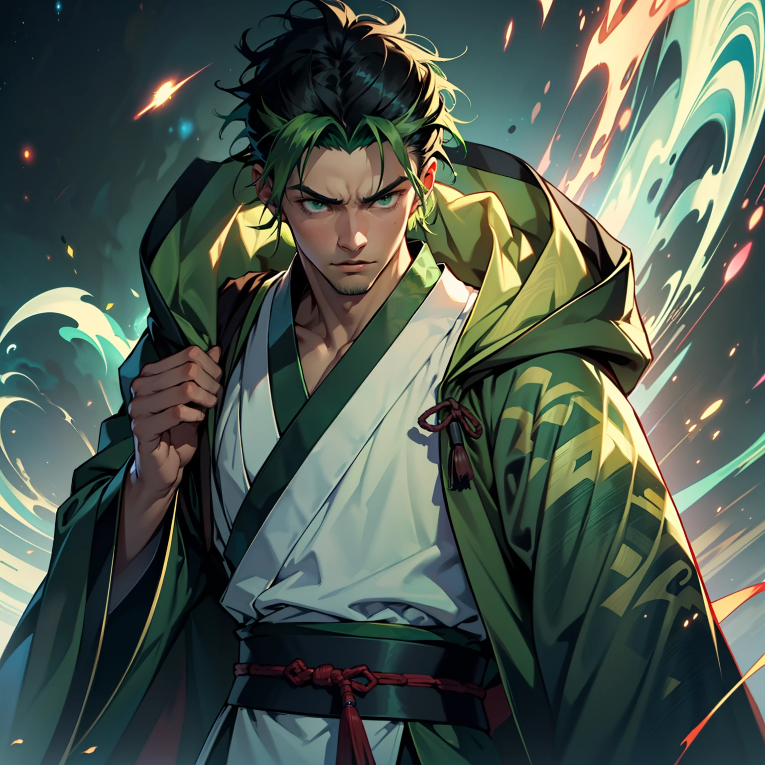 10. (1 person) (1boy,(((blue Hanfu))),((((Black hair))),(((1boy))),(((aboy))).(((Green coat))),((Green Hanfu youth)),((Green cloak)) , (((Green hair))),handsome, sees (((1boy))),(((aboy))).(((Black cloak))),((Black Hanfu youth)),((white clothes)) , (((Black hair))), kingly air, gorgeous, handsome, outstanding temperamen,'s mocking expression, his face instantly changes)(Background: Shock), cosmic background