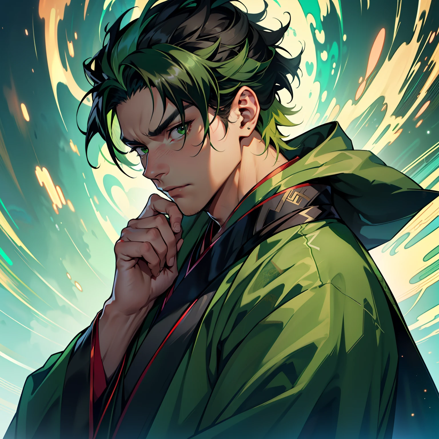 10. (1 person) (1boy,(((blue Hanfu))),((((Black hair))),(((1boy))),(((aboy))).(((Green coat))),((Green Hanfu youth)),((Green cloak)) , (((Green hair))),handsome, sees (((1boy))),(((aboy))).(((Black cloak))),((Black Hanfu youth)),((white clothes)) , (((Black hair))), kingly air, gorgeous, handsome, outstanding temperamen,'s mocking expression, his face instantly changes)(Background: Shock), cosmic background