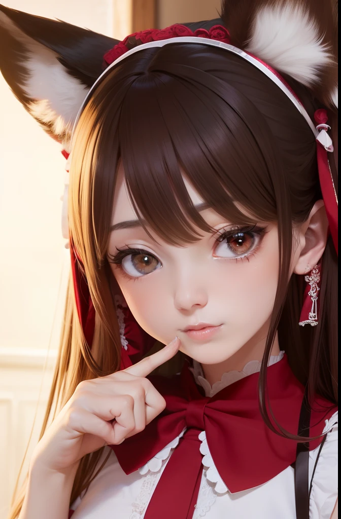 top-quality, ​masterpiece, ultra-detailliert, a beautiful detailed girl, extremely detailed eye and face, 17 years old girl, a beauty girl, up of face, Alafe in a red and white maid dress, a large ribbon on the head, Silky Super Long Straight, Very delicate depiction of hair, Anime girl cosplay, reimu hakurei, holding a fox mask