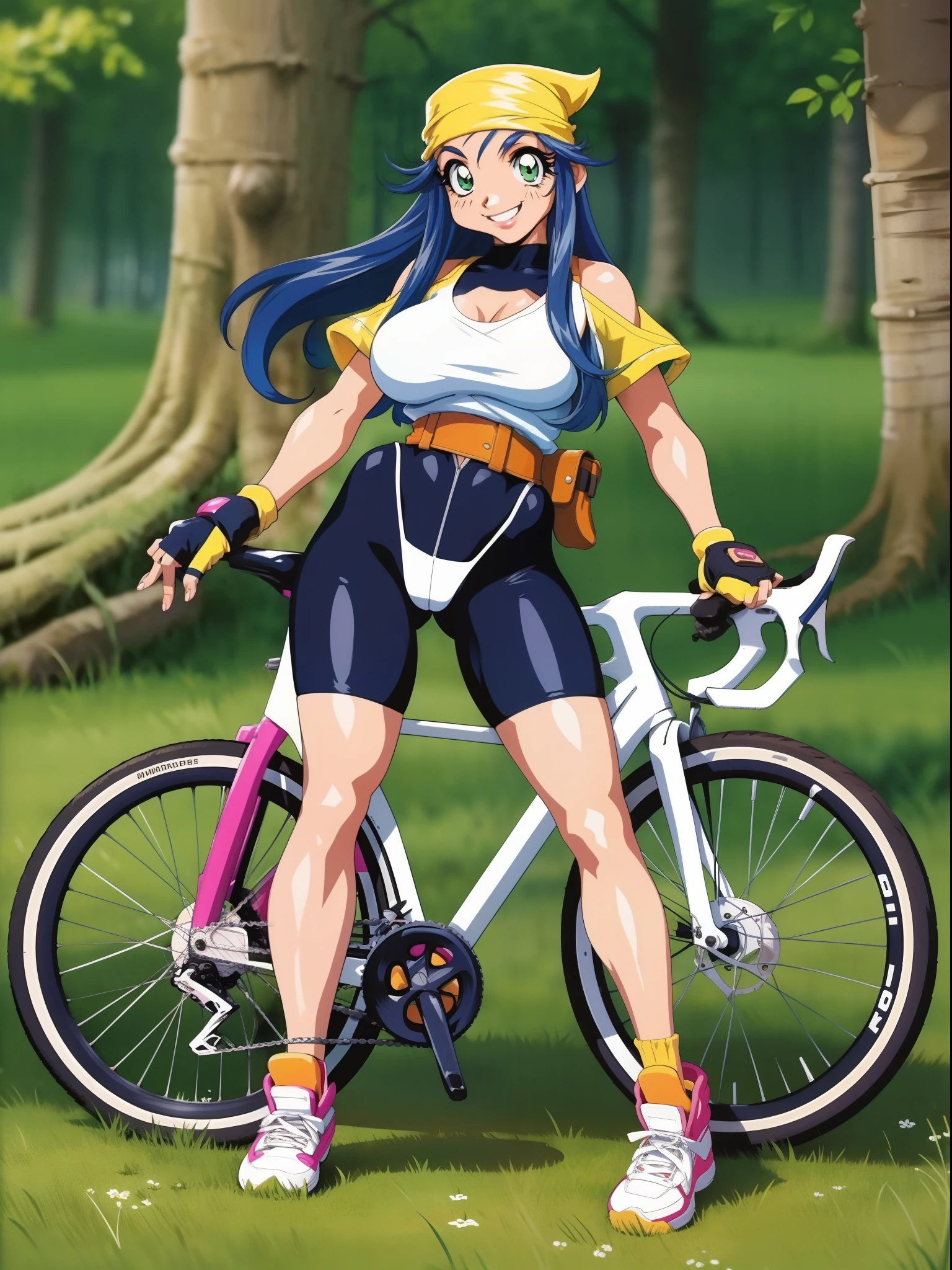 lime,spandex,green eyes,fingerless gloves,1990s (style),blue hair,retro artstyle,long hair,yellow bandana,bike shorts, full body,  forest,smile, medium breast