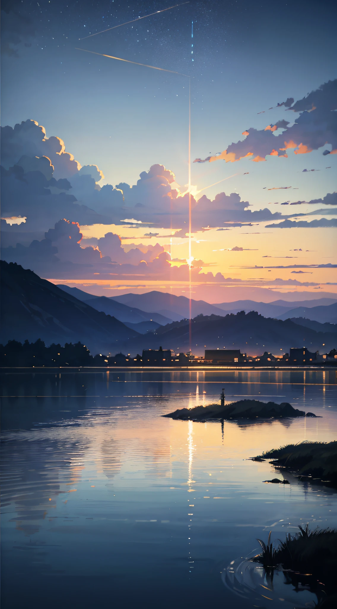 High quality masterpiece ，scenecy，Anime train passing through bodies of water on tracks， nigh sky。Romantic train，pixiv，concept-art，Lofi art style，Reflectors。 by makoto shinkai, lofi art, beautiful anime scenes, Anime landscapes, Detailed scenery —width 672, in style of makoto shinkai, style of makoto shinkai，Detail enhancement。