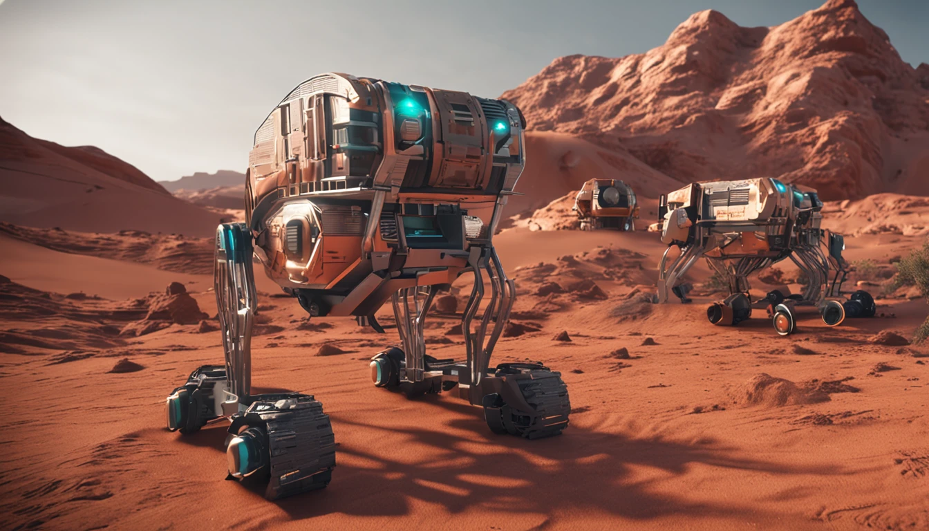There are many houses on the desolate Mars that use materials from Mars,Realism,Construction printing cart with robotic arm