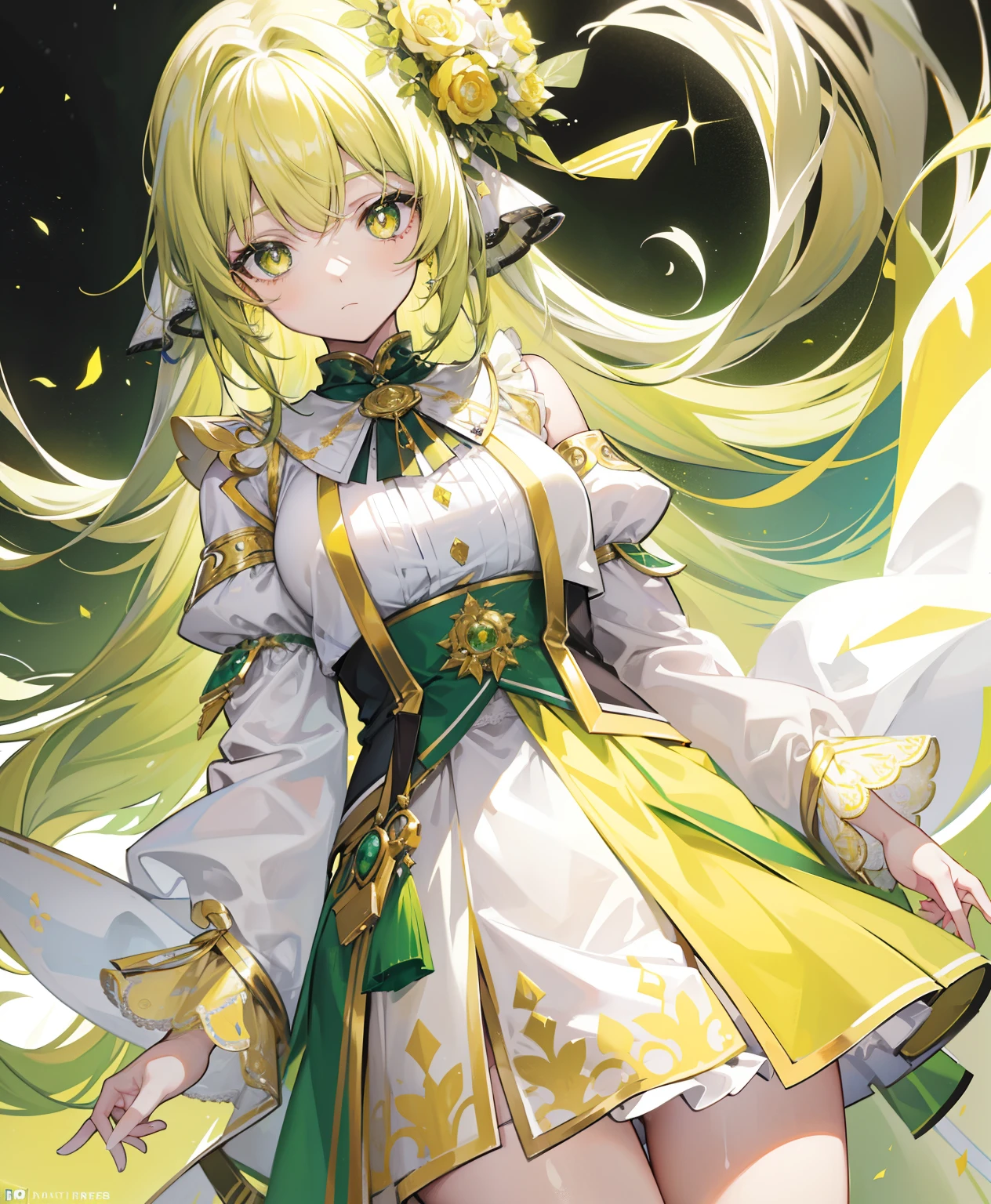 Greenish-yellow hair，Yellow-green pupils，White clothes with green and yellow are embellished with gold and silver ornaments，She is a natural cute girl