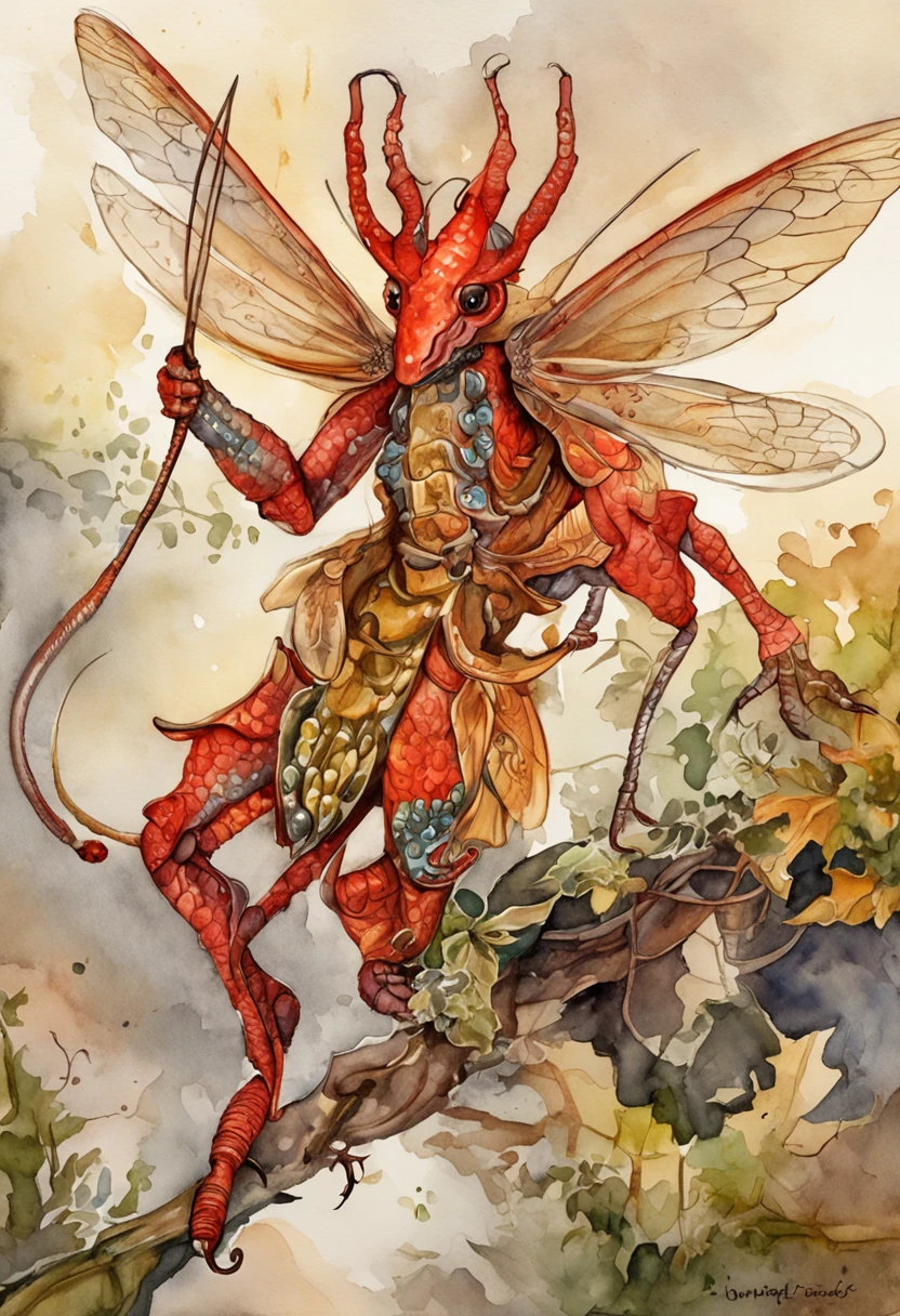 Masterpiece, Majestic ant close-up,Fit and fit,The surging gaze focused on the screen,Red tone,Highest quality view, Dramatic lighting, Intricate details, Sharp focus, 16k, ADVNTR, Professional illustration, Fluorescent flowers, (Hanging glowing crystals), vines, Illuminated background mountains, (wizard tower:0.8), fantasy, Lightning, (Night:1.2), (Full view)