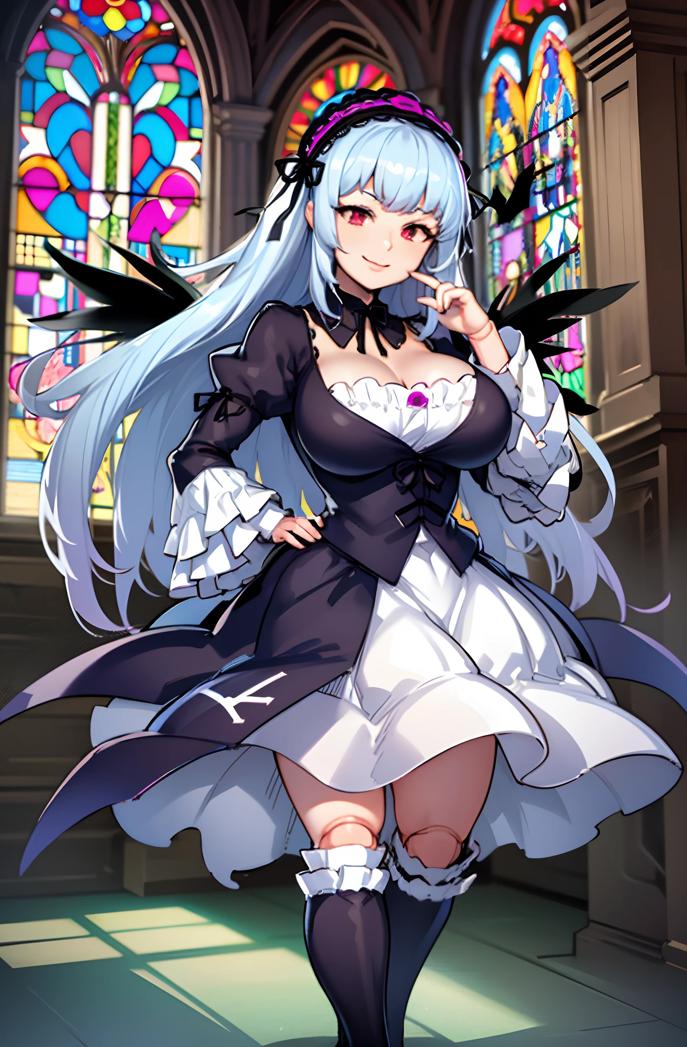 (masterpiece, best quality, detailed, highres), 1girl, solo, indoors, church, stained glass, window, sunlight, hand on hip, evil smile, from below, looking at viewer, suigintou, XXXXXX fashion, XXXXXX hairband, black dress, frills, black wings, knee boots, detached collar, cross, juliet sleeves, cross-laced dress, doll joints <lora:SuigintouV4_1-000014-, full body ,boots,hugebreast