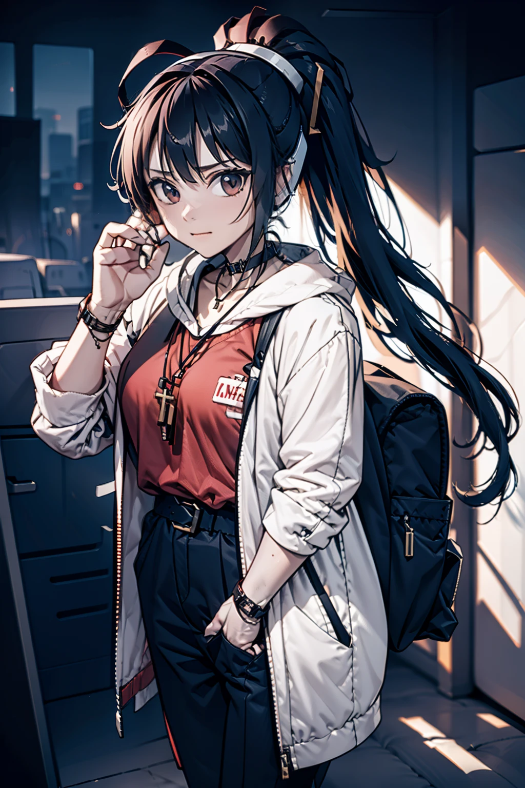 blacksilk,Long hair, Black hair, Messy hair, red highlights,choker necklace，High ponytail，Earphone，F cover,cropped shoulders，wind coat，backpacks，arm guards，huge tit，Headsets，balmy，Side breasts，dishiveredhair，arm guards，arm belt，obi strip，belt，Pocket，Call the device，Cross necklace，head gear，Black gloves，big headphone，Strap headphones，Strap，Pocket，Headbands，Issuing，athletic sneakers，Work badge，Long legs，leg loops，Bracelet white storm jacket，Black lining，High ponytail，Armour，The clothes have red stripes，huge tit，bag over the waist，obi strip，Strap，Cropped pants，athletic sneakers，choker necklace，Gentle expression，Wrist watch，Earphone，standing on your feet，blacksilk，with black background，leges，Cocked buttocks，Very tall white backpack，stocklings，Black silk hair ornament，Full body photo from head to toe，