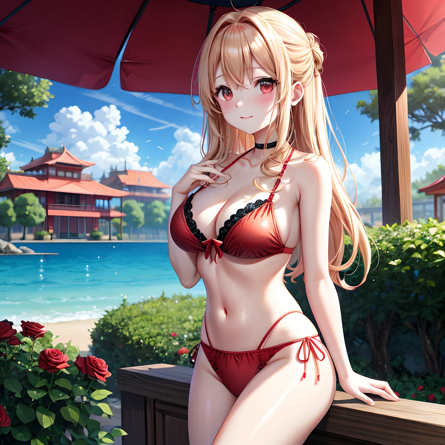 red blush、Wavy blonde hair、red eyes、Beautiful girl alone、animesque、独奏、Blue Bikini、A sexy、gravure、rose garden、lonely、