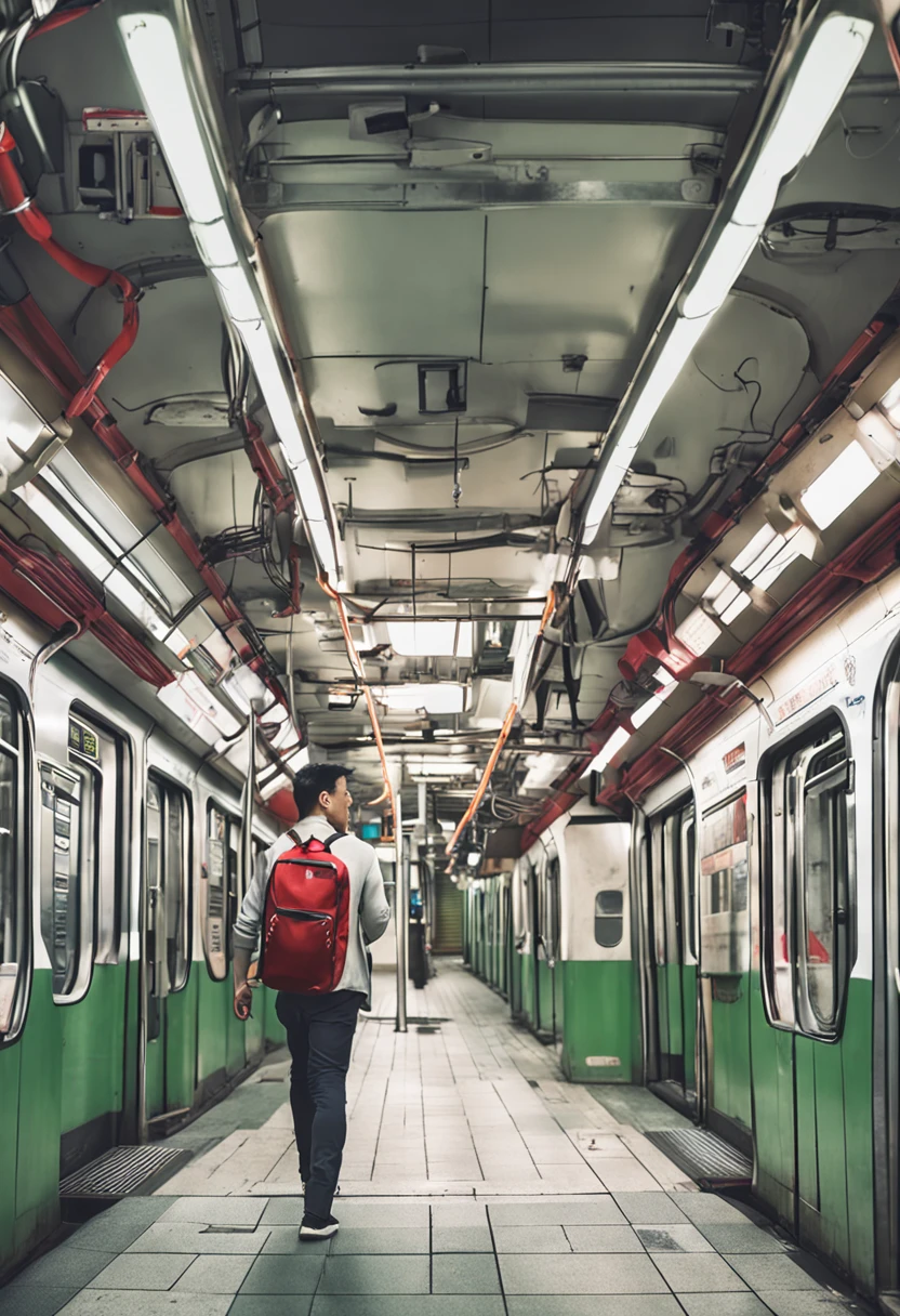 1人，A 20-year-old man in the subway，Standing in a subway car，Ultra-flat head，White sports T-shirt，Dark green sports shorts，leg apart，Slender figure，Handsome，Looking at the phone，Red sports backpack，white short socks，White sneakers，White baseball cap，exhilarated，Be red in the face，full bodyesbian，Exposing thighs，Expose calves，Thick leg hair，In crowded subway cars，gentlesoftlighting，tmasterpiece，best qualtiy，8K  UHD，digital SLR camera，filmgrain，Fujifilm XT3 Realistic painting art，Written by Midjourney and Greg Rutkowski