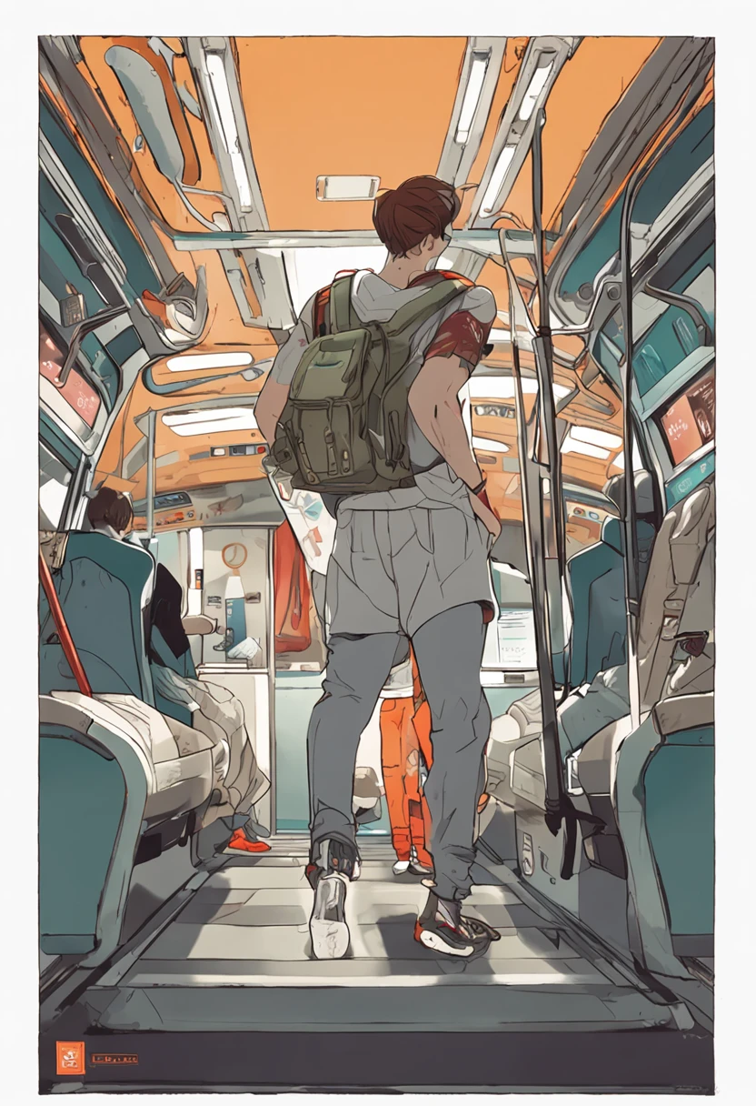 1人,A 20-year-old man in the subway,Standing in a subway car,Ultra-flat head,White sports T-shirt,Dark green sports shorts,leg apart,Slender figure,Handsome,Looking at the phone,Red sports backpack,white short socks,White sneakers,White baseball cap,exhilarated,Be red in the face,full bodyesbian,Exposing thighs,Expose calves,Thick leg hair,In crowded subway cars,gentlesoftlighting,tmasterpiece,best qualtiy,8K UHD,digital SLR camera,filmgrain,Fujifilm XT3 Realistic painting art,Written by Midjourney and Greg Rutkowski