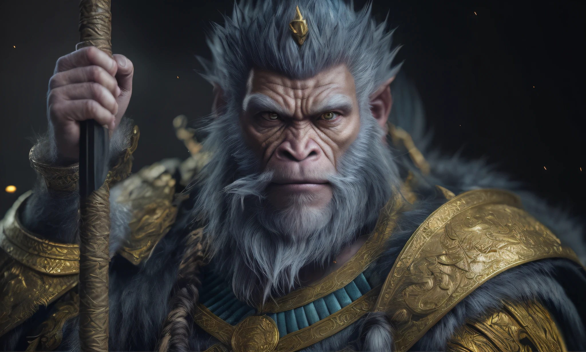 ((With a golden stick,Rotate the texture))，（Monkey transforms into bearded man ，golden yellow hair，））, mito，dream magical，(（(Light exposure）))，((marmoset render，Golden hair，)), Wukong, unreal engine character art, Son Goku, 4k concept art and hyper realism, hyper-detailed fantasy character, cgsociety uhd 4k highly detailed, 3 d ape shaman profile portrait, Rendu portrait 8k, 8 k cg render,((dark aesthetic))),Ancient Chinese armor，The eyes glow blue light