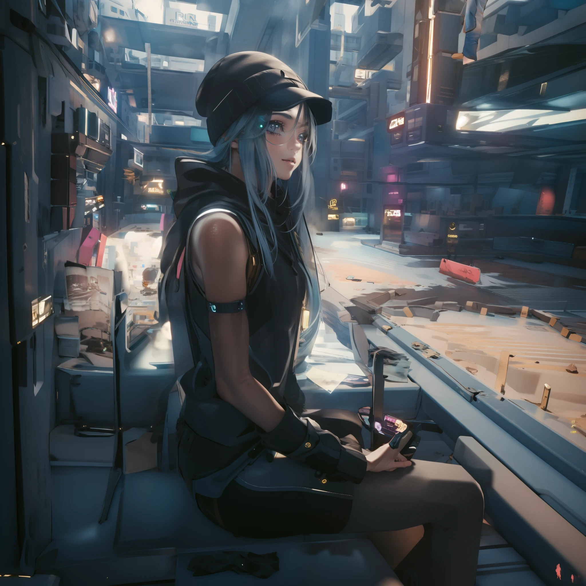 cyberpunked:1.6,Cyber City:1.8,Hi-Tech,High-tech townscape:1.8,Blowing in the wind:1.8,Wearing a knitted hat:1.8,Relaxing girl,dutch angle shot,full body shot,medium shot,High-tech room:1.6,Cyberpunk Room:1.8,(8K), (Raw photo: 1.2), (Realism: 1.4), (masutepiece: 1.3), (exquisite detailing: 1.2), Delicate and beautiful details, (Eye Detail), (Facial Detailed), (Highest Quality) :1.4), (Hyper-Resolution: 1.2), cinematric light, (very detailed illustration),Best Quality,depth of fields, Wide light, natural shadows